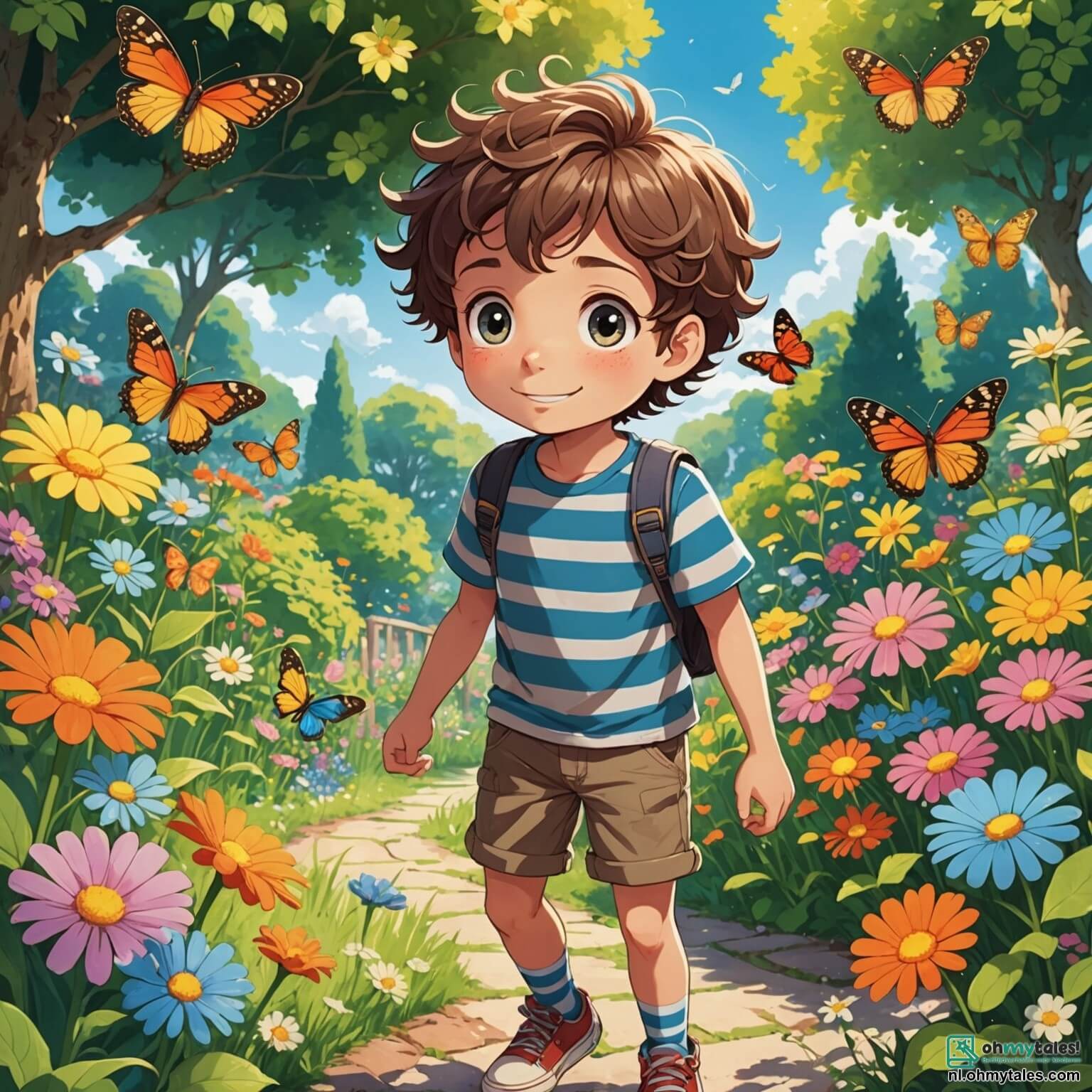 Une illustration destinée aux enfants représentant un petit garçon aux yeux pétillants de curiosité, vêtu d'un t-shirt rayé et de shorts, se tenant dans une magnifique jardin ensoleillé, rempli de fleurs colorées et de papillons virevoltant autour de lui, alors qu'il découvre une mystérieuse pierre brillante qui le propulse dans une aventure palpitante à travers le temps, où il rencontre un garçon aux cheveux bouclés et au sourire chaleureux, perdu dans les années 1965, dans un parc verdoyant bordé d'arbres majestueux, de balançoires grinçantes et de rires d'enfants, tout en étant guidé par une petite créature magique aux ailes scintillantes qui l'aide à retrouver une précieuse voiture jouet disparue.