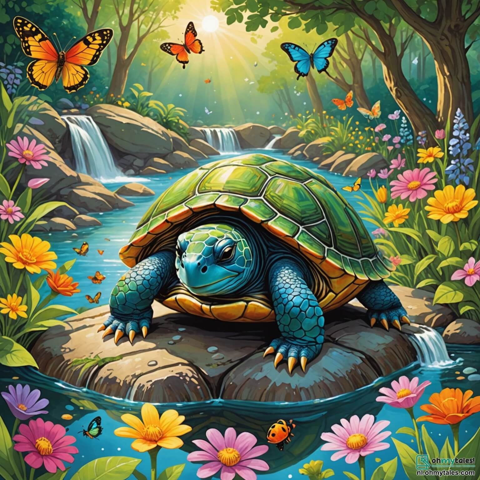 Une illustration destinée aux enfants représentant une tortue au carapace éclatante comme un arc-en-ciel, se prélassant paisiblement sur une pierre chaude au bord d'un ruisseau scintillant, entourée de fleurs colorées dans un jardin enchanté où les papillons dansent joyeusement, tandis qu'un lapin espiègle aux grandes oreilles et un oiseau chanteur aux plumes chatoyantes s'approchent pour l'inviter à une course folle vers la clairière, où les rayons du soleil filtrent à travers les feuilles des arbres majestueux, créant un spectacle de lumière et d'ombre qui promet des aventures hilarantes et inattendues.