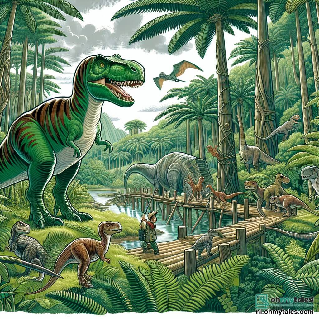Une illustration sous forme de dessin destinée aux enfants représentant une vaste jungle luxuriante avec de grandes fougères et des arbres majestueux, où un jeune Tyrannosaure Rex au pelage vert brillant et aux rayures brunes, plein d'énergie et de curiosité, se tient au centre, entouré de ses amis, un grand brontosaurus à long cou qui l'aide à construire une passerelle en bois au-dessus d'une rivière, tandis qu'un groupe de velociraptors observe avec enthousiasme, illustrant leur aventure de migration vers un nouveau foyer plein de promesses et de découvertes.