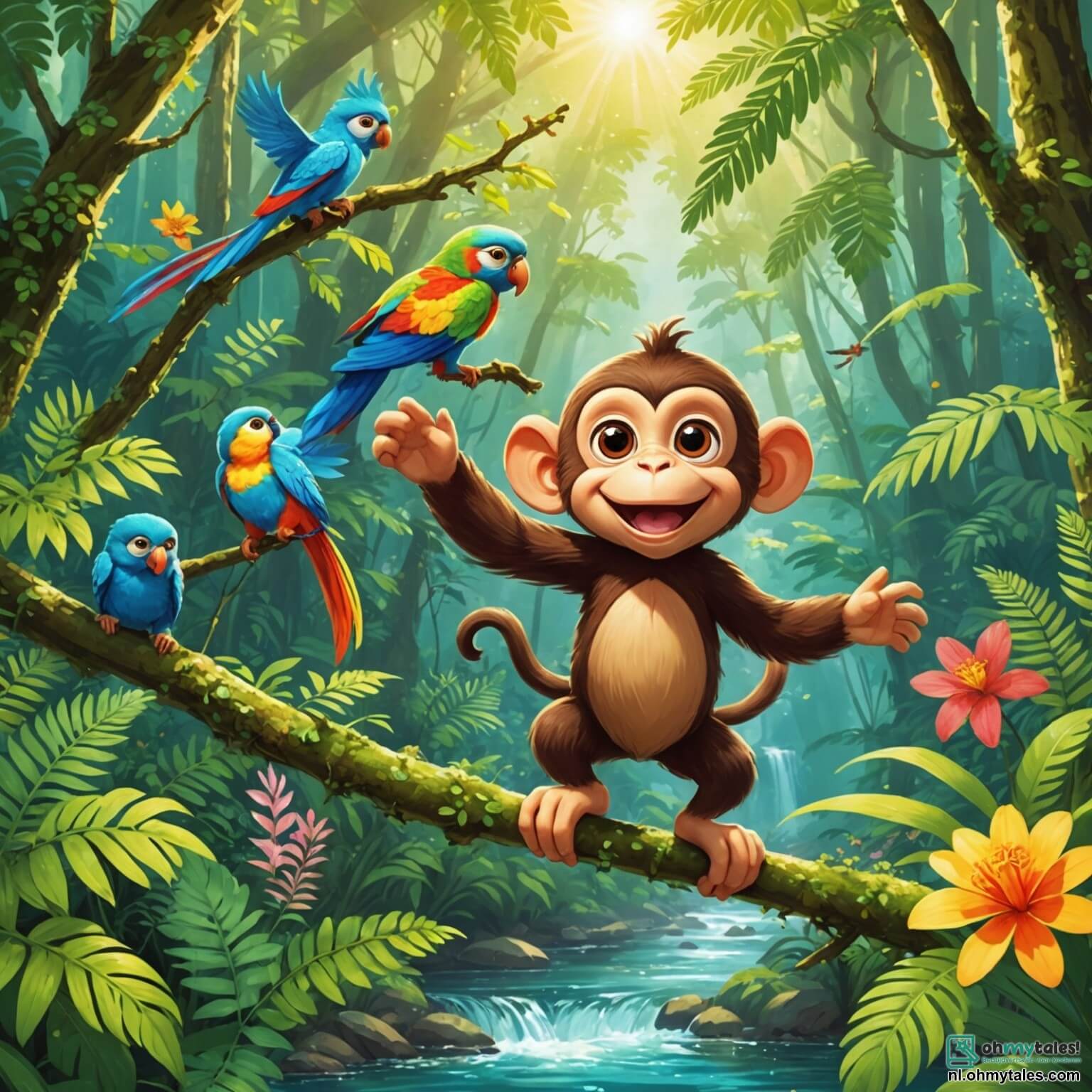 Une illustration destinée aux enfants représentant une guenon espiègle aux yeux pétillants de malice, sautillant joyeusement d'une branche à l'autre dans une forêt luxuriante où les rayons du soleil filtrent à travers le feuillage dense, illuminant des fleurs colorées et des fougères délicates, tandis qu'elle rêve d'aventures palpitantes de l'autre côté d'une rivière scintillante, accompagnée de son ami le papagaï aux plumes éclatantes, tous deux déterminés à retrouver un ami cher, une sage tortue, qui les attend avec impatience de l'autre côté de l'eau, dans un monde où les rires et les chants des oiseaux résonnent comme une douce mélodie.