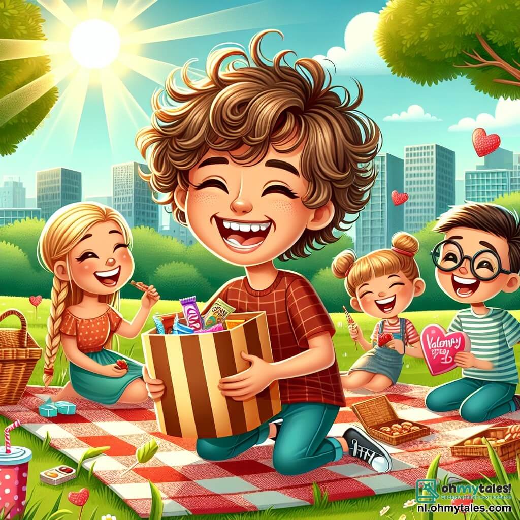 Une illustration sous forme de dessin destinée aux enfants représentant un parc ensoleillé à Bloemenstad, avec un garçon de 11 ans aux cheveux bruns et bouclés, souriant joyeusement alors qu'il déploie une grande couverture de pique-nique sur l'herbe, entouré de ses amis, dont une fille aux cheveux blonds tressés qui tient une boîte de friandises et un garçon aux lunettes qui rit en tenant une boisson gazeuse, tous prêts à partager une surprise de Saint-Valentin remplie de rires, de jeux et de délicieuses collations.