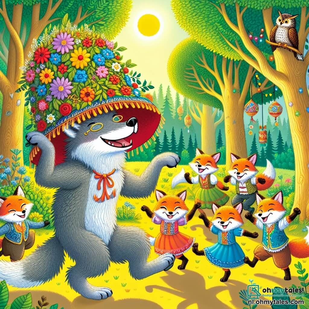 Illustratie van een vrolijke scène in een zonnige open plek, omringd door hoge bomen met dikke stammen en heldergroene bladeren. In het midden danst een grijze, zijdezachte wolf met een grote, kleurrijke rode hoed die iets te groot lijkt, vrolijk, terwijl zijn ogen van ondeugendheid sprankelen achter een bril die van zijn neus glijdt. Rondom hem juichen en lachen een groep jonge vossen met feloranje vachten en pluizige staarten, sommigen springen van blijdschap, terwijl een wijze uil op een tak zit en de scène met een glimlach gadeslaat. De hoofdscène toont de wolf die trots zijn dans laat zien, terwijl de andere dieren zich bij hem voegen in een sfeer van feest en kameraadschap, met kleurrijke bloemenkransen die in de lucht zweven en fonkelende lantaarns die de open plek verlichten.