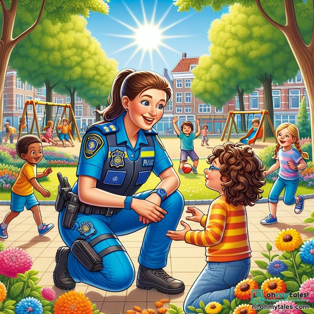 Illustratie van een zonnig park in Zonnedorp, vol kleurrijke bloemen en majestueuze bomen, waar kinderen vrolijk spelen op schommels en glijbanen. In het midden van de scène staat een glimlachende vrouwelijke politieagent met kastanjebruin haar in een staart, gekleed in een heldere blauwe uniform en een riem met veiligheidsaccessoires. Ze is gehurkt en praat met een jonge jongen van ongeveer 8 jaar met krullend haar en een bril, die haar met bewondering en nieuwsgierigheid aankijkt. De jongen houdt een klein notitieboekje in zijn handen, klaar om de tips van de politieagent op te schrijven. Op de achtergrond spelen andere kinderen, waaronder een meisje met gevlochten blond haar en een bruin jongetje met een bal, wat een vrolijke sfeer aan de scène toevoegt. De politieagent legt enthousiast het belang van samenwerking uit, terwijl de zon straalt en het park verlicht met een warme en uitnodigende gloed.