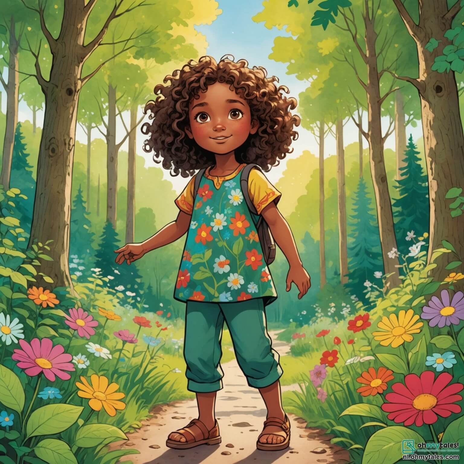 Une illustration destinée aux enfants représentant une petite fille intrépide aux cheveux bouclés et aux yeux pétillants, vêtue d'une tunique colorée et d'un pantalon en toile, se tenant fièrement au bord d'une clairière ensoleillée, entourée de grands arbres aux feuilles verdoyantes et de fleurs éclatantes, alors qu'elle se prépare à partir à l'aventure pour sauver son ami malade, un garçon courageux au sourire contagieux qui l'accompagne, ainsi qu'une sage vieille femme au regard bienveillant qui les guide, le tout se déroulant dans le charmant village de Zonnestraal, niché entre des montagnes majestueuses et un ciel bleu azur, où les rires des enfants résonnent et où chaque coin cache une promesse d'exploration et de découvertes.