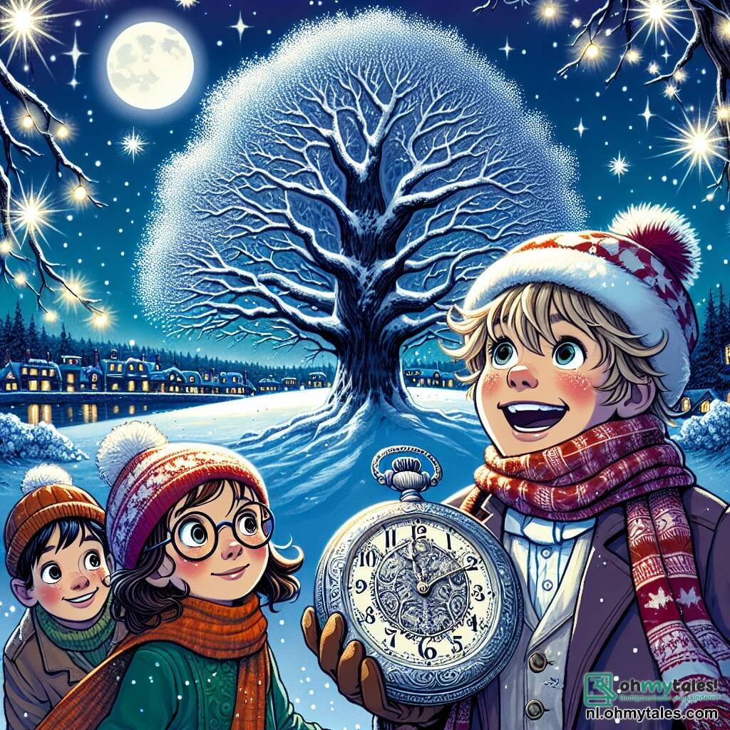 Illustratie van een magische scène op een besneeuwde heuvel, waar een grote en majestueuze eik staat, met takken zwaar van glinsterende sneeuw onder het licht van de maan. Op de voorgrond staat een tienjarige jongen met een rood-witte sjaal, een opgewonden uitdrukking op zijn gezicht, die een oude zilveren klok vasthoudt, versierd met delicate gravures. Naast hem staat een negenjarig meisje met een iets scheve bril, dat de scène met wijdopen ogen observeert, haar wangen roze van de kou. Een andere jongen, glimlachend en vrolijk, staat dicht bij hen, gekleed in een kleurrijke sjaal, klaar om een wens te doen. De nacht is verlicht door heldere sterren en verre vuurwerk, wat een feestelijke en magische sfeer creëert. Sneeuwvlokken vallen zachtjes om hen heen, wat de schoonheid van dit speciale moment versterkt.