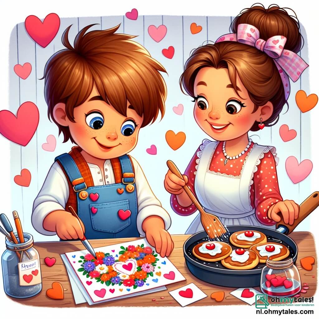 Une illustration sous forme de dessin destinée aux enfants représentant une cuisine chaleureuse et colorée, avec un garçon de 7 ans aux cheveux châtains et aux yeux pétillants, en train de créer une carte de Saint-Valentin pleine de cœurs et de couleurs vives, tandis que sa mère, une femme souriante aux cheveux bruns attachés, prépare des pannenkoeken à côté de lui, le tout baigné dans une lumière douce et joyeuse, symbolisant l'amour et la créativité d'une journée spéciale en famille.