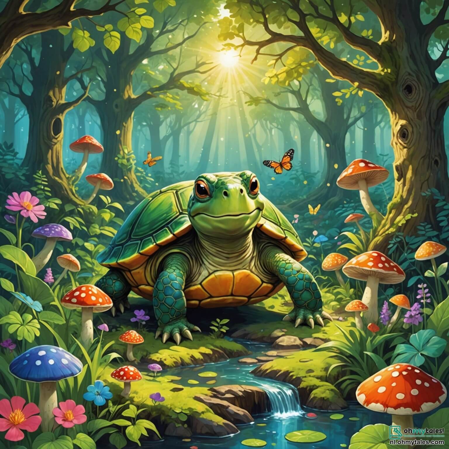 Une illustration destinée aux enfants représentant une tortue au cœur d'une forêt enchantée, où les rayons du soleil filtrent à travers les feuillages denses, illuminant des fleurs aux couleurs éclatantes et des champignons aux formes étranges, alors qu'elle se lance dans une quête pour aider une petite grenouille triste à trouver sa voix, entourée de joyeux animaux qui dansent et chantent autour d'une majestueuse vieille chêne, symbole de sagesse et de camaraderie.