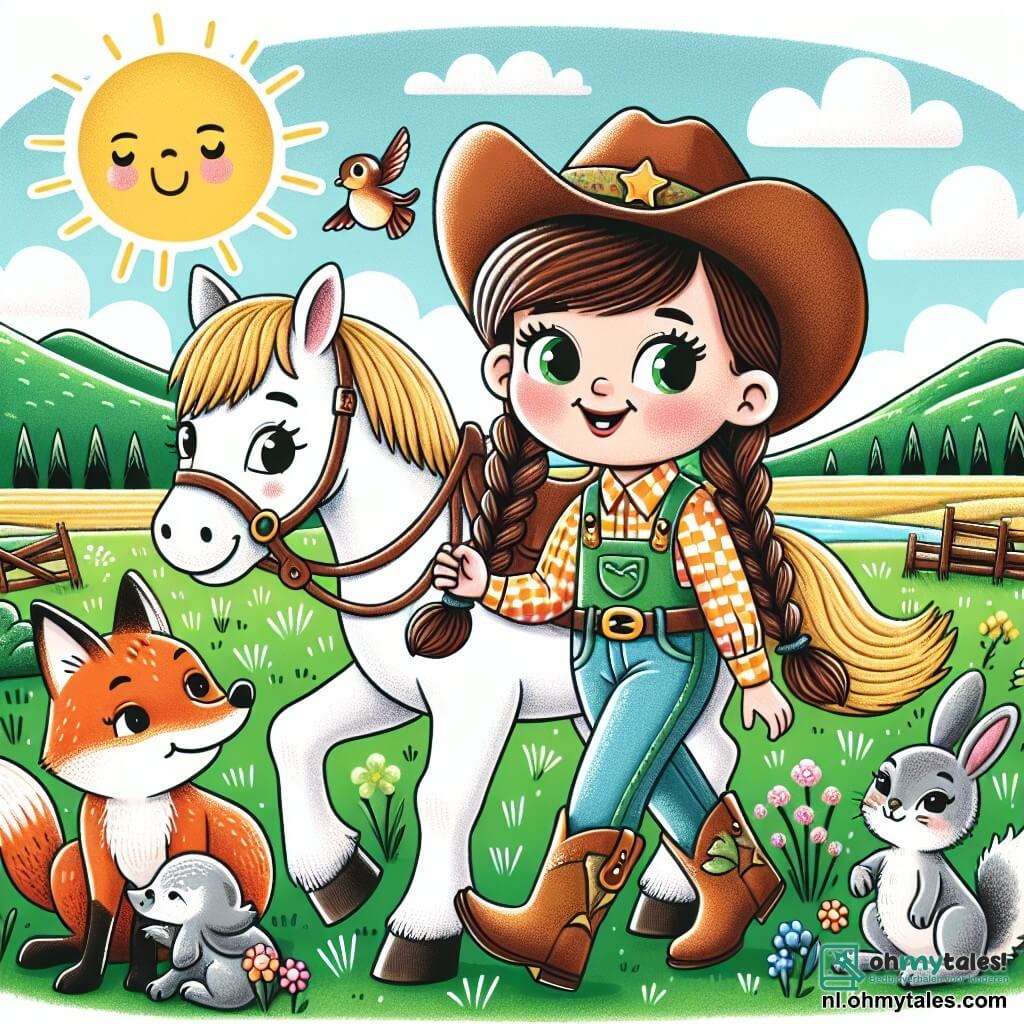 Une illustration sous forme de dessin destinée aux enfants représentant une vaste prairie ensoleillée avec des collines verdoyantes en arrière-plan, où une jeune cowgirl aux cheveux bruns tressés, portant un chapeau de cowboy et une chemise à carreaux, monte fièrement sa jolie pony blanche, tandis qu'un petit groupe d'animaux, dont un renard rusé et un mignon petit lapin, les observe avec curiosité, alors qu'ils viennent de libérer le lapin d'une branche tombée, illustrant ainsi l'esprit d'aventure et d'amitié de l'histoire.