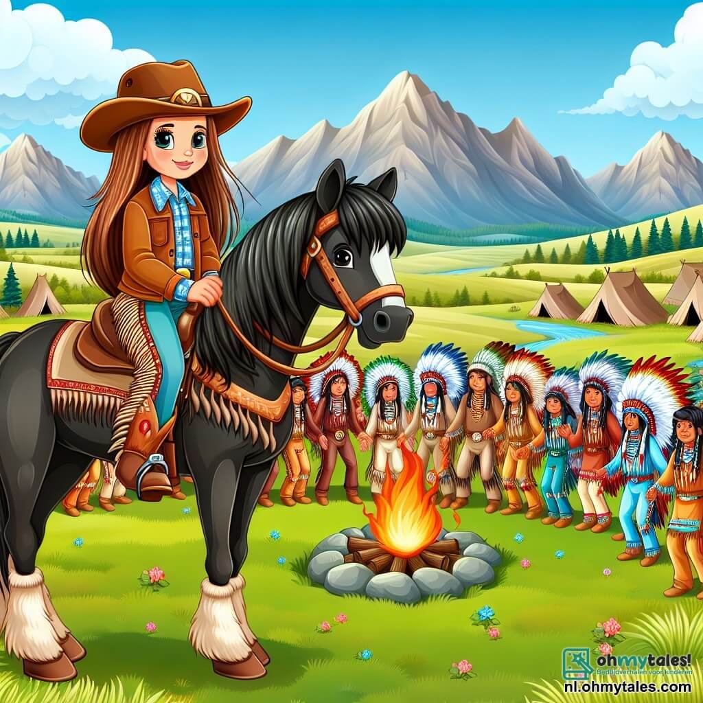 Une illustration sous forme de dessin destinée aux enfants représentant une prairie vaste et ensoleillée, avec des montagnes en arrière-plan, où une jeune cowgirl aux cheveux longs et bruns, portant un grand chapeau de cowboy et des bottes usées, se tient fièrement sur son cheval noir, tandis qu'un groupe d'indien(ne)s en vêtements colorés, avec des plumes et des motifs traditionnels, danse autour d'un feu de camp, symbolisant l'union et la paix entre les cultures, dans un moment de célébration après une compétition amicale qui a rapproché les cowboys et les indiens.