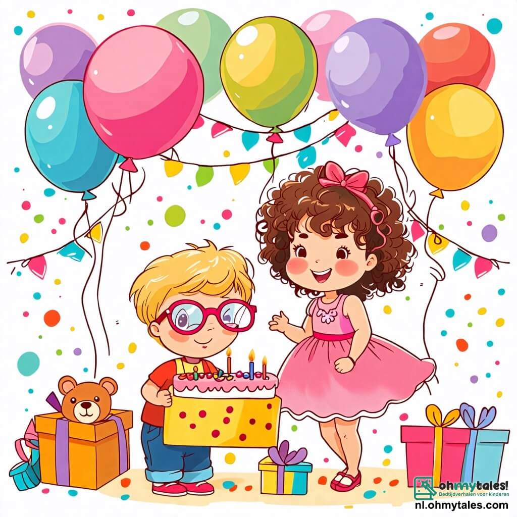 Une illustration sous forme de dessin destinée aux enfants représentant une joyeuse salle de fête décorée de ballons colorés et de guirlandes, où une petite fille de 2 ans aux cheveux bouclés et aux yeux pétillants, vêtue d'une robe rose, ouvre avec enthousiasme une grande boîte à jouets, tandis qu'un garçon de 3 ans aux cheveux blonds et aux lunettes rondes, souriant, se tient à ses côtés avec un petit gâteau d'anniversaire en forme d'ours, le tout dans une ambiance festive et lumineuse, symbolisant le bonheur d'une célébration d'anniversaire.