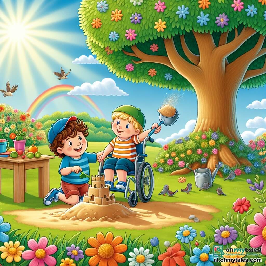 Illustratie van een mooie zonnige dag in een kleurrijke tuin. De grond is bedekt met felgroen gras, bezaaid met kleurrijke bloemen die dansen in de lichte bries. In het midden biedt een grote majestueuze esdoorn schaduw, terwijl een kleine houten tafel is gevuld met sappig fruit. Twee jongens staan op de voorgrond: de ene, ongeveer 7 jaar oud, heeft bruin, krullend haar, draagt een blauwe pet en een gestreept t-shirt. Hij is enthousiast een zandkasteel aan het bouwen met een schep in de hand. De andere jongen, ook 7 jaar oud, heeft blond, kort haar en zit in een mooie rolstoel. Hij glimlacht breed, terwijl hij een emmer zand vasthoudt, klaar om zijn vriend te helpen het mooiste kasteel te maken. De scène toont de twee vrienden die vrolijk samenwerken, wat hun vriendschap en teamgeest illustreert. Op de achtergrond zingen vogels in de bomen en de lucht is helderblauw, wat een vleugje magie toevoegt aan deze perfecte dag. Een zonnestraal verlicht het zandkasteel en benadrukt hun creatie.