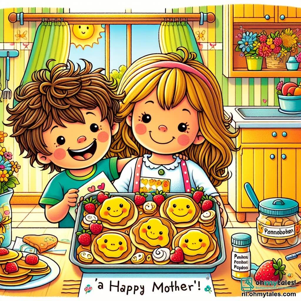 Une illustration sous forme de dessin destinée aux enfants représentant une cuisine ensoleillée et colorée, avec un garçon de 5 ans aux cheveux bouclés et ébouriffés, souriant et tenant une carte faite main, tandis que sa grande sœur, une fille de 8 ans aux cheveux longs et bruns, l'aide à préparer un plateau de pannenkoeken souriants décorés de fruits, le tout dans une ambiance joyeuse et festive pour célébrer la fête des mères.