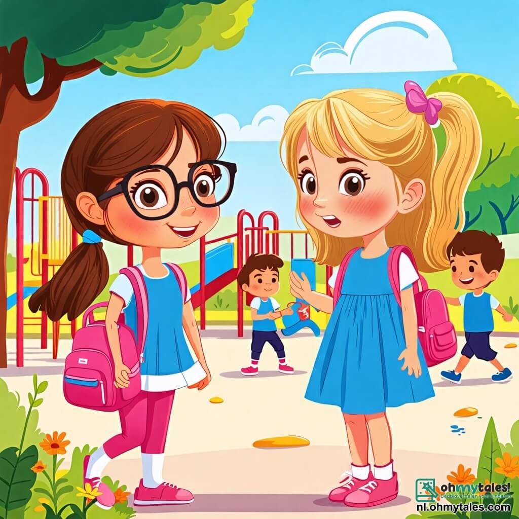 Une illustration sous forme de dessin destinée aux enfants représentant une cour d'école colorée avec des jeux et des enfants jouant, au premier plan une petite fille de 5 ans avec des cheveux bruns et des lunettes, tenant une belle rugzak rose, qui regarde avec un sourire timide alors qu'à côté d'elle, une autre petite fille aux cheveux blonds et à la robe bleue l'encourage avec un geste amical, tandis qu'en arrière-plan, un groupe de garçons ricanent, illustrant la situation de harcèlement que la petite fille doit surmonter avec l'aide de son amie.