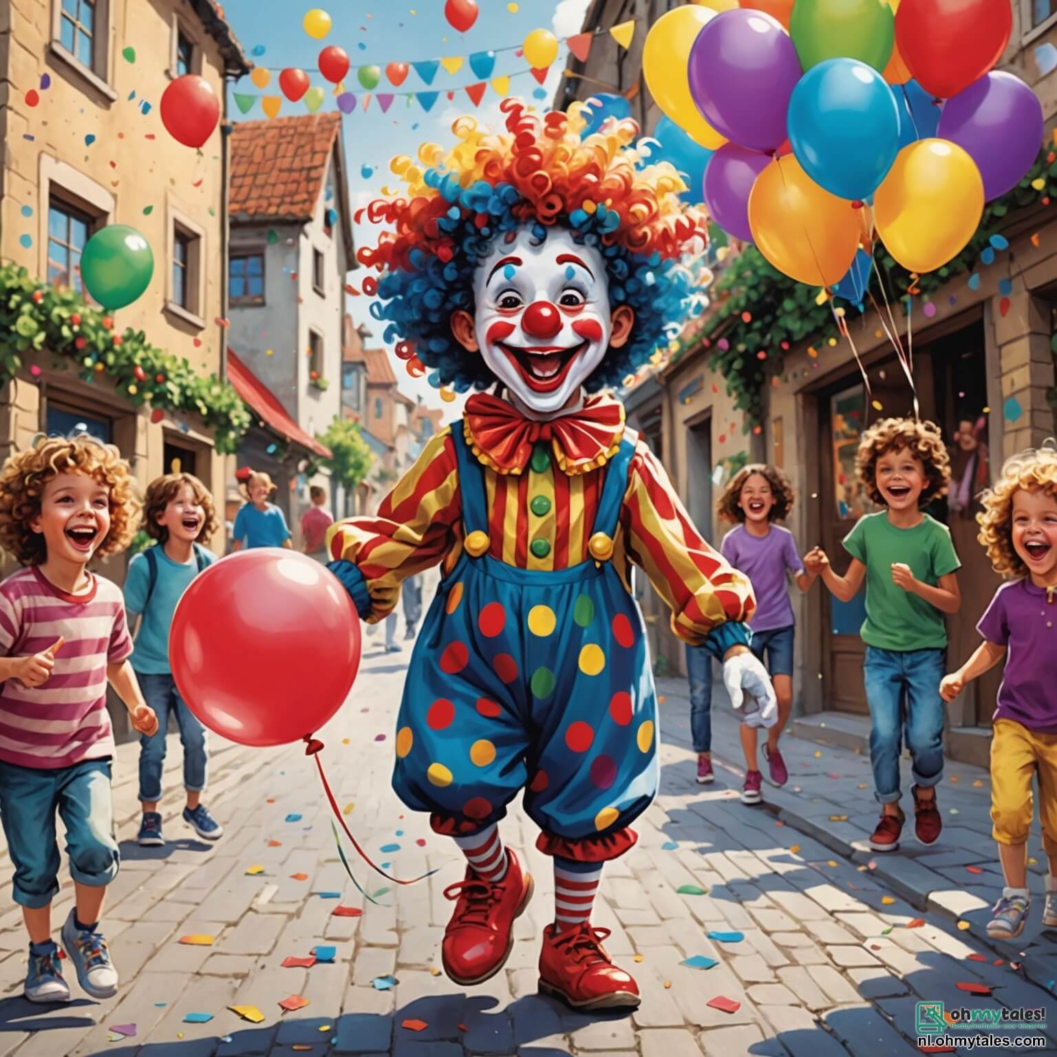 Une illustration destinée aux enfants représentant un garçon joyeux vêtu d'un costume de clown coloré, avec une grande perruque bouclée et une nez rouge pétillant, sautillant avec enthousiasme dans une rue animée d'un village en fête, où des confettis volent dans l'air et des ballons multicolores flottent au-dessus des têtes, entouré de sa meilleure amie, une fille en robe de princesse scintillante avec une couronne brillante, tandis qu'une foule de personnes costumées danse et rit autour d'eux, créant une atmosphère de bonheur et de magie lors d'une célébration de carnaval éclatante.