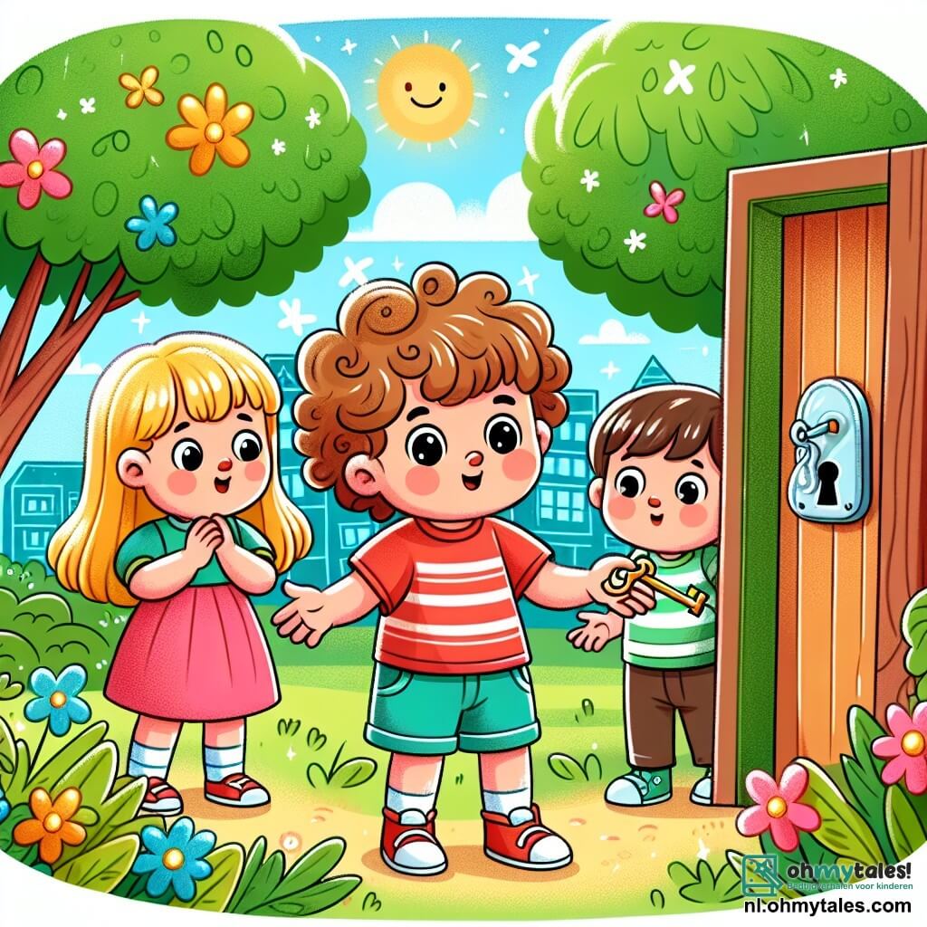 Une illustration sous forme de dessin destinée aux enfants représentant un parc ensoleillé avec de grandes arbres verdoyants et des fleurs colorées, où un petit garçon de 3 ans aux cheveux bouclés et aux yeux pétillants, vêtu d'un t-shirt rouge et d'un short bleu, tient une clé brillante dans sa main, tandis que deux amis, une petite fille aux cheveux longs et blonds portant une robe rose, et un garçon aux cheveux bruns avec un t-shirt à rayures, l'observent avec curiosité, tous trois découvrant une porte secrète cachée derrière un arbre, symbolisant leur aventure en tant que petits enquêteurs.