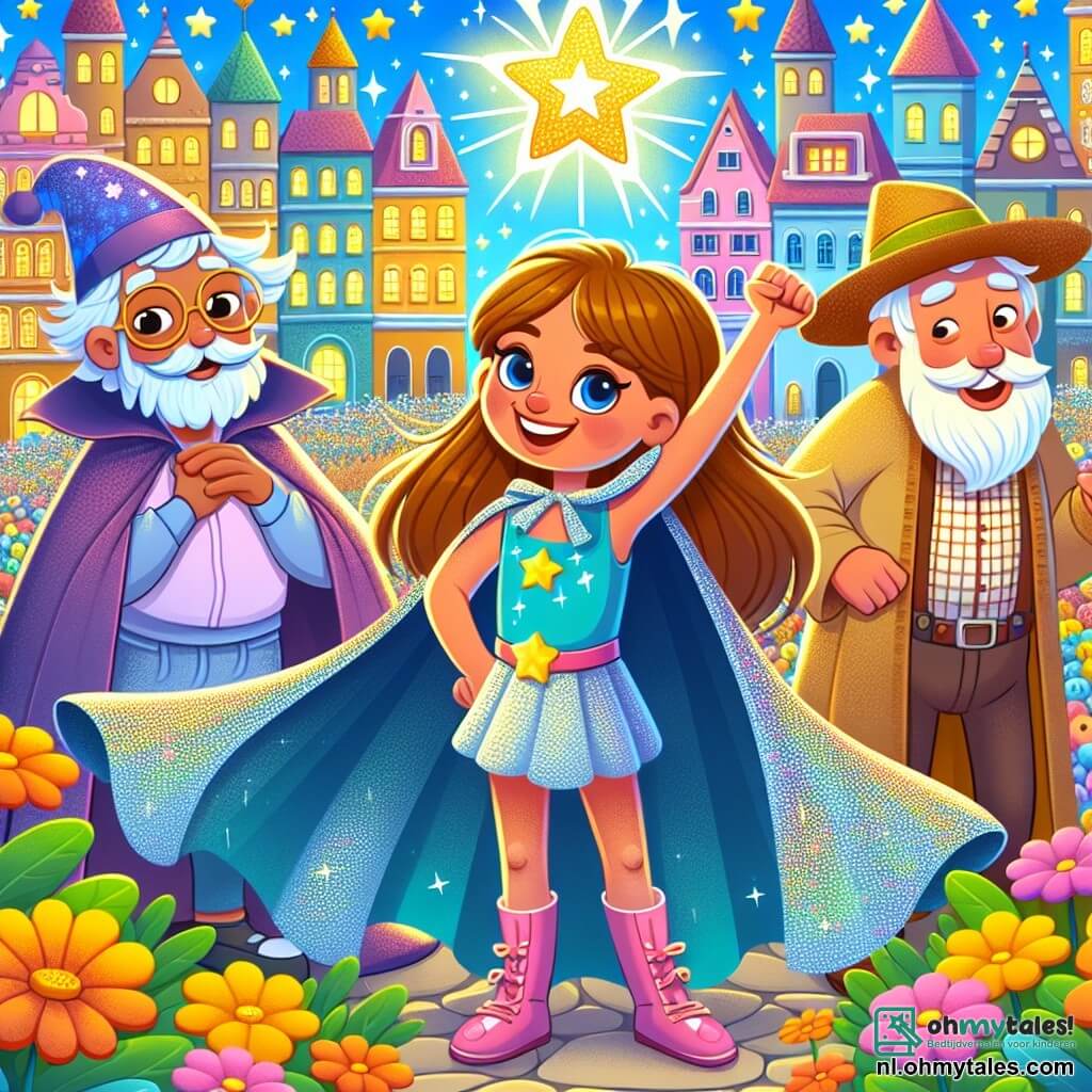 Une illustration sous forme de dessin destinée aux enfants représentant une ville colorée et animée, avec des bâtiments aux teintes vives et des fleurs éclatantes, où une super-héroïne aux longs cheveux brillants et à la cape scintillante, souriante et déterminée, utilise ses pouvoirs pour faire briller les étoiles dans le ciel, tandis qu'un homme âgé à la barbe blanche, vêtu d'une robe de sorcier, et un homme jovial avec un chapeau de paille et une chemise à carreaux, l'observent avec admiration, tous unis pour aider les étoiles à retrouver leur éclat et apporter de la joie aux habitants de la ville.