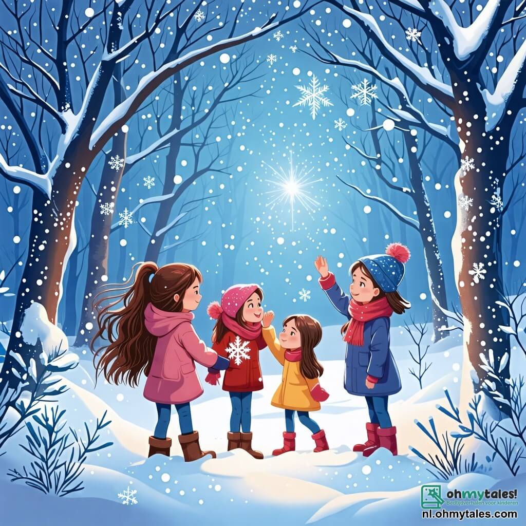 Illustratie van een magische scène in een besneeuw forest. De grond is bedekt met een dikke laag glinsterende sneeuw, terwijl majestueuze bomen, beladen met sneeuw, om hen heen oprijzen, hun takken versierd met ijskristallen die schitteren onder het zachte licht van een fonkelende ster. In het midden van de afbeelding staan vier jonge meisjes samen. De eerste, een meisje van ongeveer 8 jaar met lange bruin haar en een brede rode sjaal, glimlacht vrolijk terwijl ze haar armen opheft om sneeuwvlokken te vangen. Naast haar zit een meisje van ongeveer 10 jaar in een mooie rolstoel, met blond haar en een kleurrijke muts, dat luid lacht. De derde, een meisje van 9 jaar met een kleine pony en een grote wollen sjaal, kijkt verwonderd naar de lucht. Ten slotte is de vierde, een meisje van 7 jaar met vlechten en een winterjurk, bezig een sneeuwpop te maken met een grote glimlach op haar gezicht. Boven hen daalt een stralende, fonkelende ster langzaam neer, die de scène verlicht met een gouden gloed. Op de achtergrond lijkt een glimlachende sneeuwman, met een hoge hoed en een wortel als neus, hen welkom te heten. Sneeuwvlokken vallen zachtjes, waardoor een feeërieke en blije sfeer ontstaat, die de geest van Kerstmis en vriendschap symboliseert.
