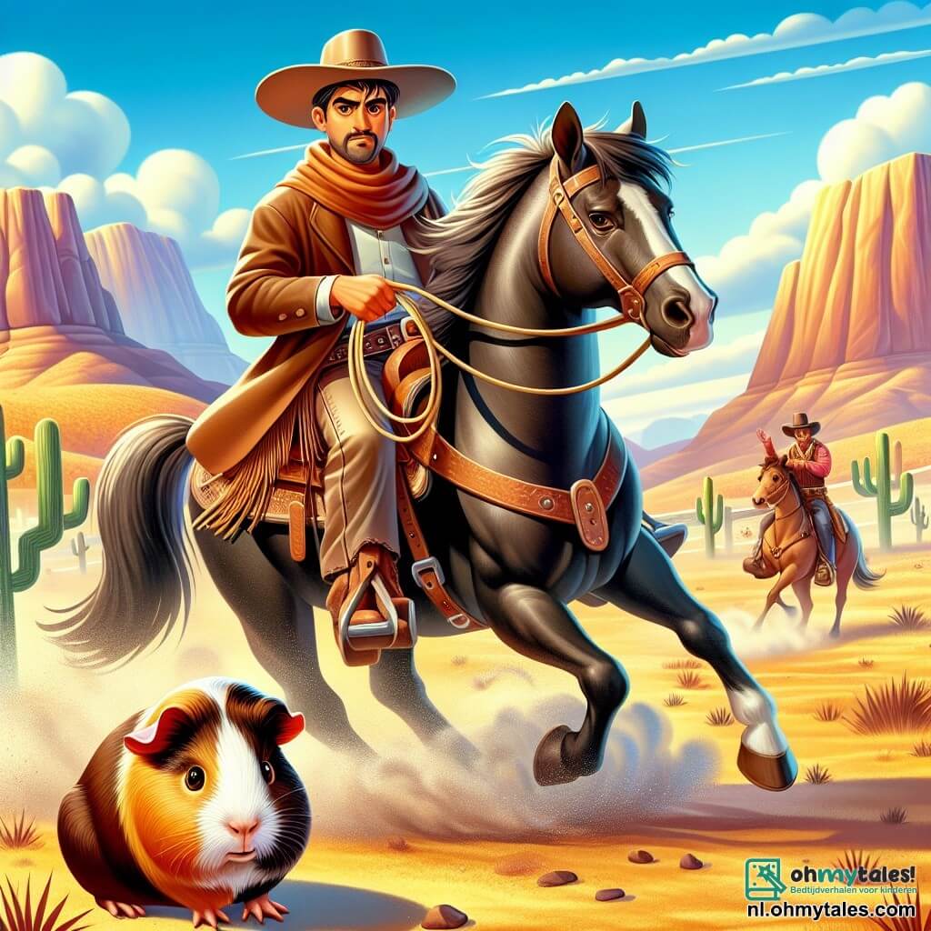 Illustratie van een uitgestrekt landschap van het Wilde Westen, met gouden heuvels onder een stralende blauwe lucht. Op de voorgrond zit een dappere man met een gebruinde huid, die een grote cowboyhoed en een bruine leren jas draagt. Hij zit op een glanzend zwart paard met een vastberaden uitdrukking op zijn gezicht, terwijl hij een lasso in zijn hand houdt. Naast hem kijkt een klein cavia met een bruin vacht en sprankelende ogen nieuwsgierig toe, met zijn kleine pootjes op de stoffige grond. De scène vangt het moment waarop de man zich voorbereidt om zijn lasso te werpen om een koe te vangen, met stofwolken die om hem heen opstijgen. Op de achtergrond staan andere cowboys klaar, sommigen op hun paarden, anderen klappend, wat een sfeer van vriendschappelijke competitie creëert. Cactussen en rotsen voegen een authentiek tintje toe aan het decor, terwijl de zon hoog aan de hemel straalt en dit spannende avontuur verlicht.