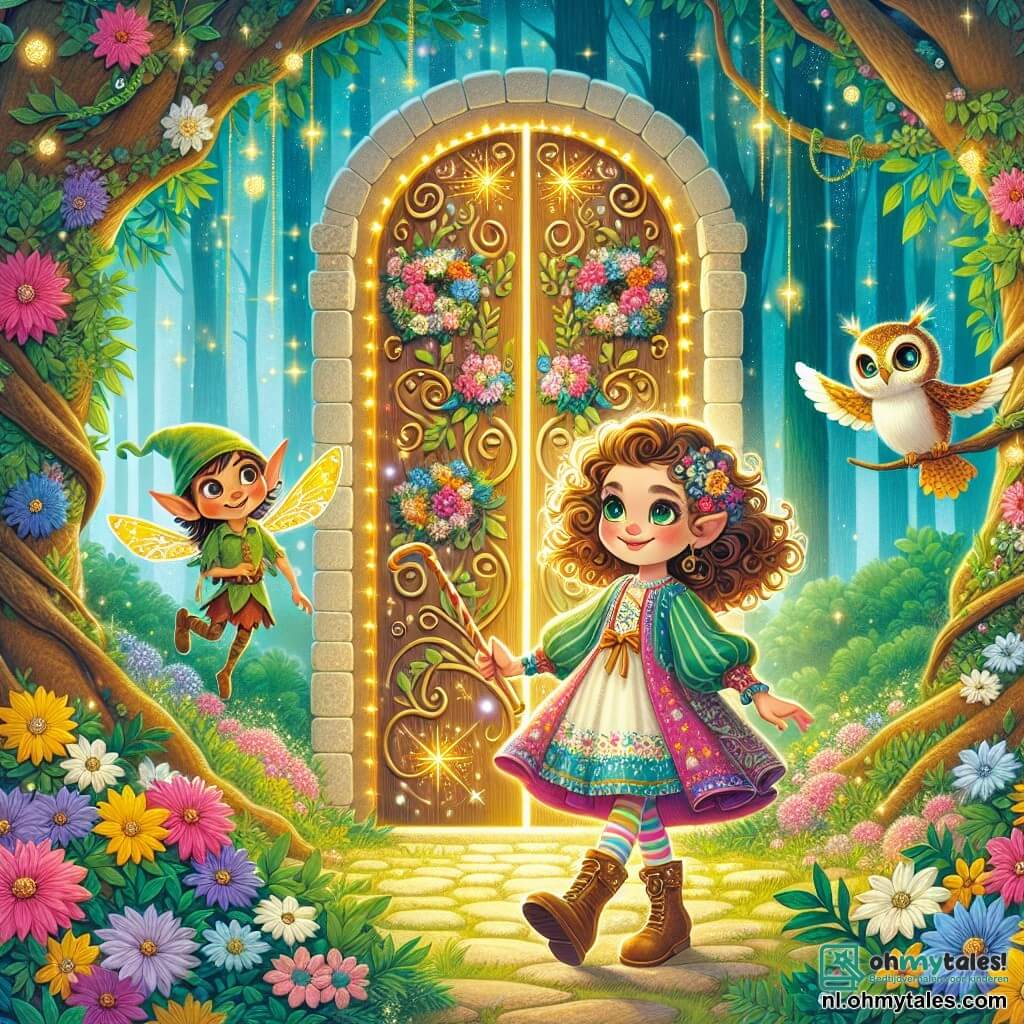 Une illustration sous forme de dessin destinée aux enfants représentant une clairière enchantée au cœur d'une forêt magique, où une fille de 9 ans aux cheveux bouclés et aux yeux pétillants, vêtue d'une robe colorée, se tient courageusement devant une grande porte scintillante recouverte de fleurs, tandis qu'à ses côtés, un petit elf au visage joyeux avec des ailes brillantes et un sage hibou aux plumes dorées l'observent attentivement, tous trois prêts à entrer dans un monde d'aventure pour retrouver la magie perdue.