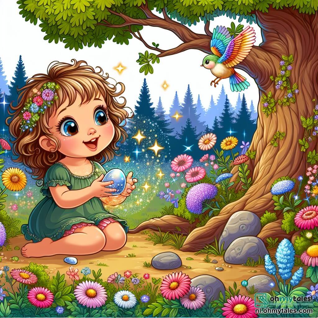 Une illustration sous forme de dessin destinée aux enfants représentant un jardin enchanté aux fleurs colorées et aux arbres majestueux, où une petite fille de 1 an aux grands yeux curieux et aux cheveux bouclés joue joyeusement près d'un vieux chêne, tenant dans ses mains un glinsterend steentje brillant comme une étoile, tandis qu'un petit oiseau aux plumes vives l'observe depuis une branche, capturant ainsi l'instant magique où la fillette découvre les secrets de la liberté et de l'honnêteté.