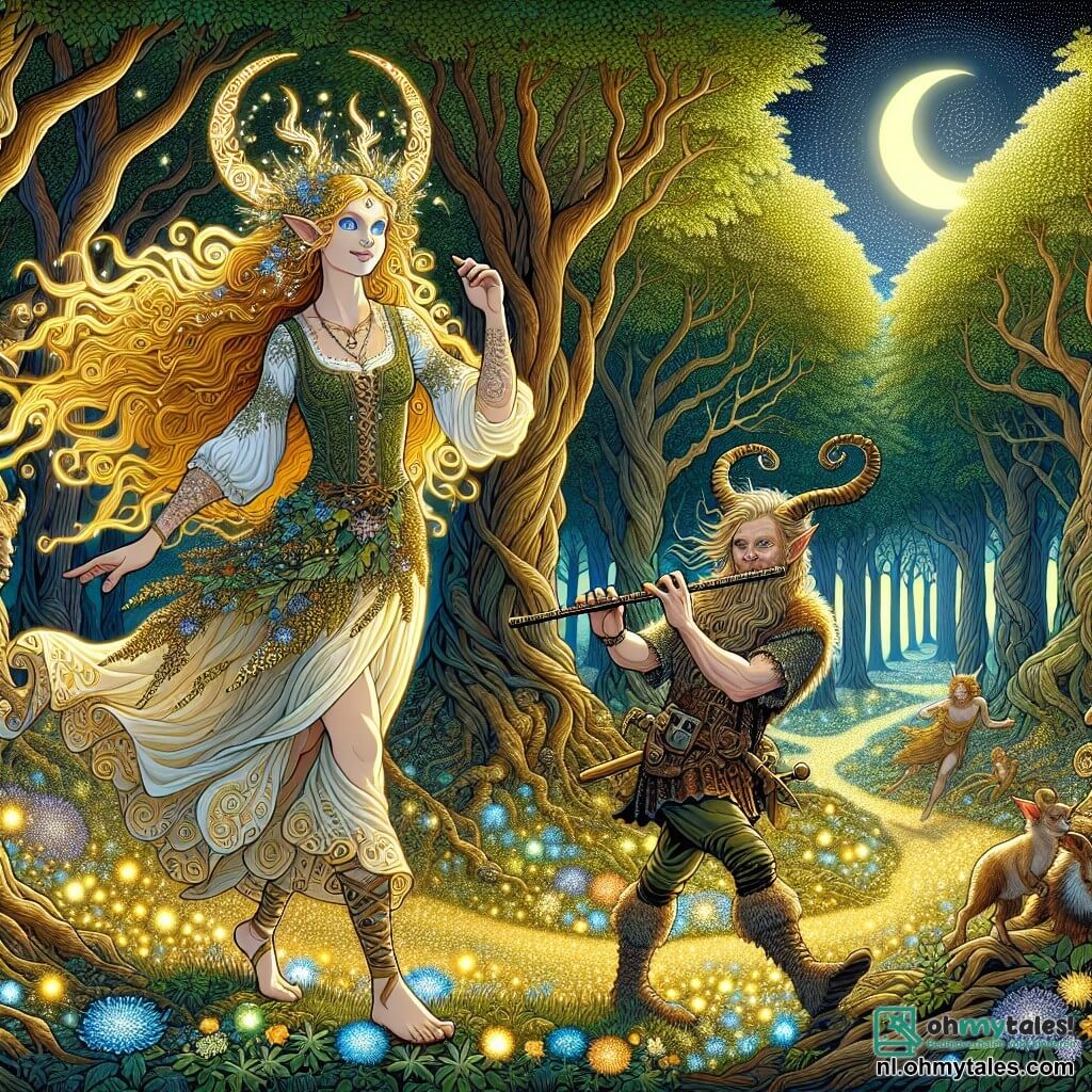 Illustratie van een magische scène in een uitgestrekt en mysterieus bos. De majestueuze bomen, met dikke en knoestige stammen, reiken naar de lucht, hun bladeren schitterend in een gouden licht onder de maan. Luminescente bloemen in felle kleuren bedekken de grond en creëren een feeëriek tapijt. In het midden van de scène staat een jonge vrouw met gouden, stralende haren als zonnestralen, met een vastberaden uitdrukking op haar gezicht. Haar diepblauwe ogen weerspiegelen wijsheid en nieuwsgierigheid. Ze draagt een luchtige jurk van lichte stof, versierd met natuurlijke patronen, die lijkt te dansen met de wind. In haar hand houdt ze een staf versierd met oude symbolen, klaar om de geheimen van het bos te ontdekken. Naast haar staat een ondeugende faun van ongeveer dertig jaar, met elegante hoorns en een ondeugende glimlach, die op een fluit speelt. Zijn benen zijn bedekt met vacht en hij draagt een tuniek van bladeren en lianen. Hij kijkt de jonge vrouw met bewondering aan, klaar om haar op avontuur te vergezellen. De hoofdscène toont de jonge vrouw die zich voorbereidt om dieper het bos in te gaan, terwijl de faun een betoverende melodie speelt, wat een sfeer van mysterie en magie creëert. Vuurvliegjes dansen om hen heen en voegen een vleugje licht toe aan deze betoverde scène, terwijl de wind oude geheimen fluistert door de takken.