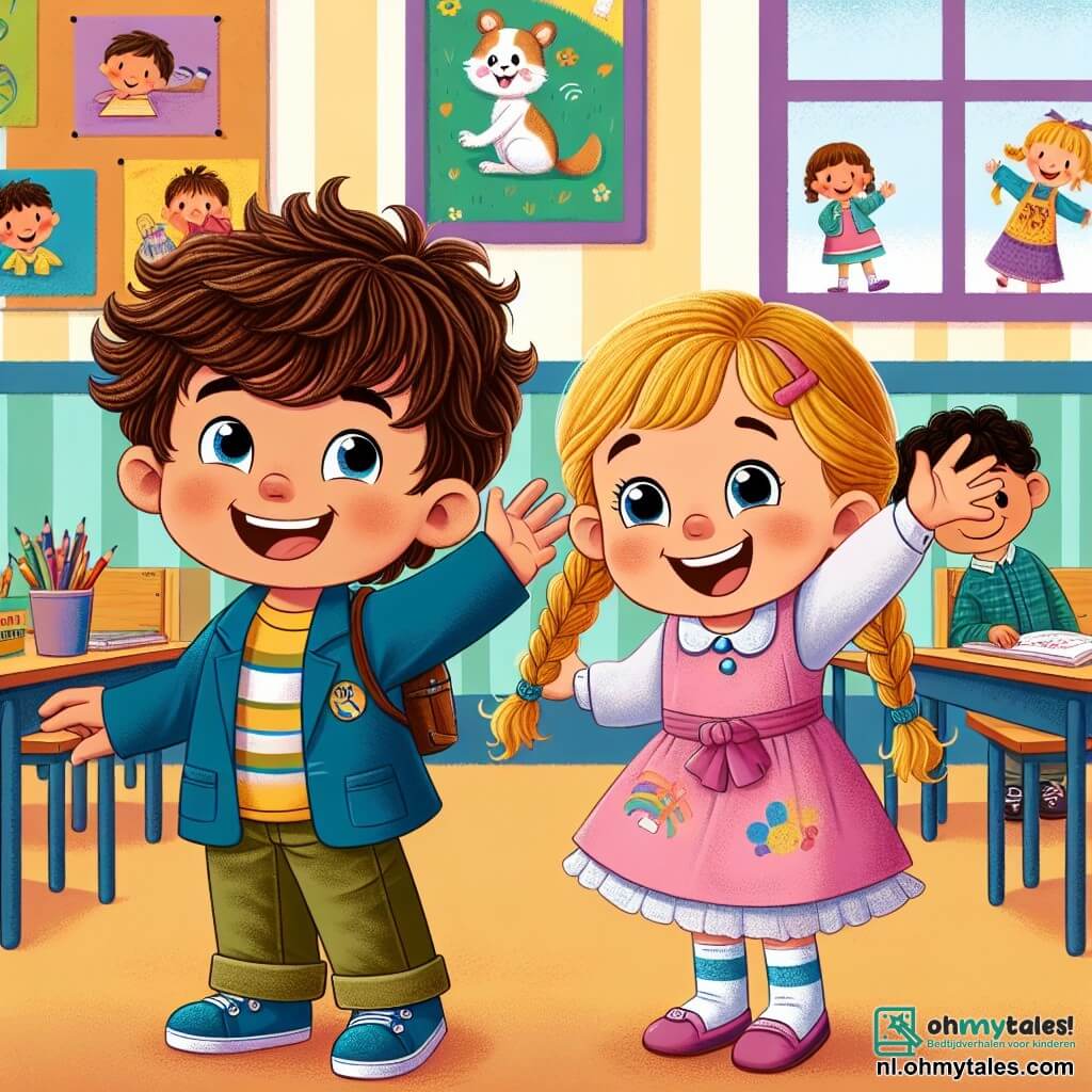 Une illustration sous forme de dessin destinée aux enfants représentant une salle de classe colorée avec des murs ornés de dessins d'enfants, où un garçon de 5 ans aux cheveux bruns et bouclés, portant une t-shirt bleu et une petite veste, sourit joyeusement en levant la main pour répondre à la question de la maîtresse, tandis qu'à côté de lui, une fille de 5 ans aux cheveux blonds tressés, vêtue d'une robe rose, l'encourage avec un grand sourire, capturant l'excitation et la nervosité de leur première journée d'école ensemble.