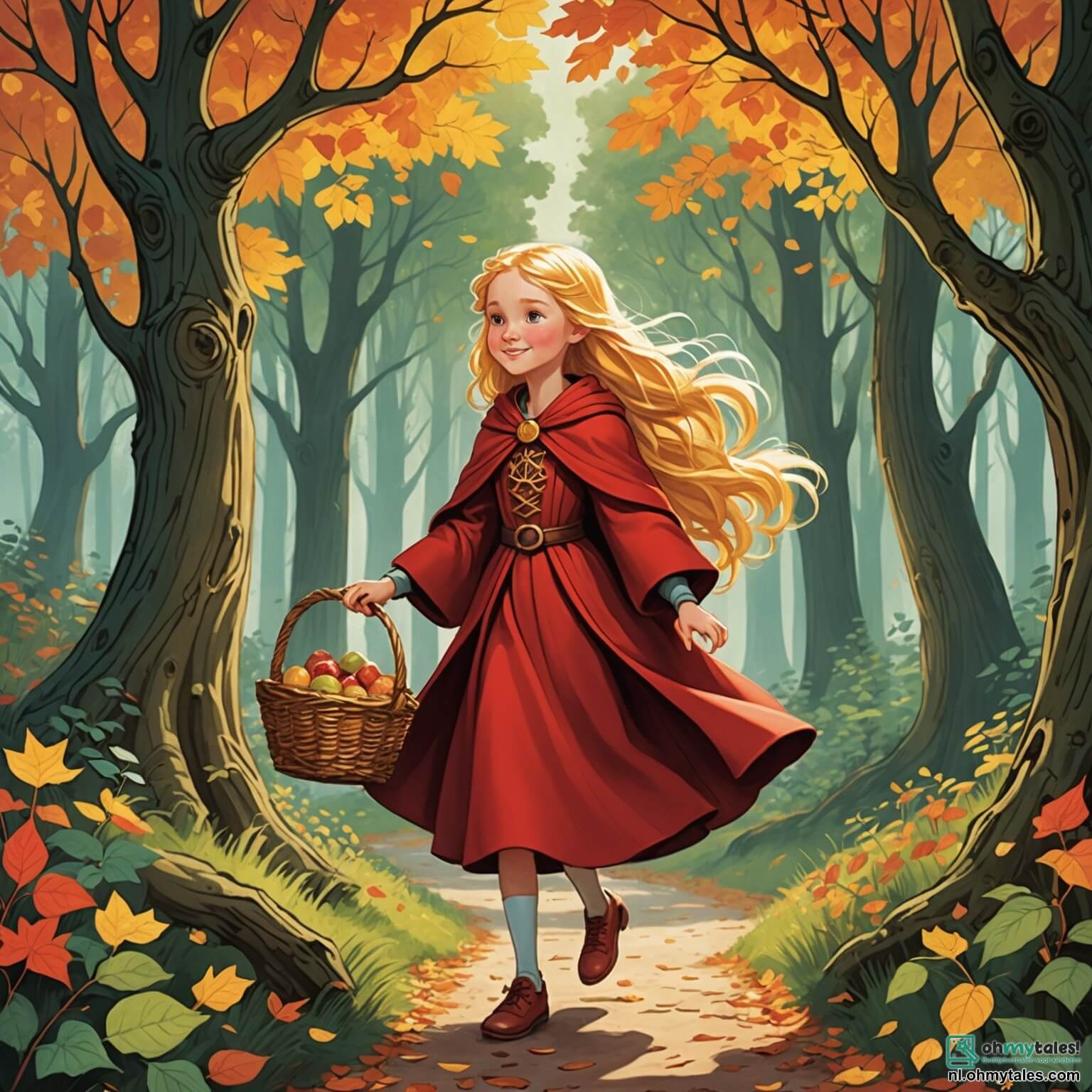 Une illustration destinée aux enfants représentant une jeune fille aux cheveux dorés, vêtue d'une cape écarlate qui semble danser au gré du vent, se frayant un chemin à travers une forêt enchantée où les arbres majestueux, aux troncs noueux et aux feuilles chatoyantes, s'élèvent comme des gardiens silencieux, tandis qu'elle porte un panier en osier rempli de délices sucrés pour sa grand-mère, une femme âgée au sourire chaleureux, qui vit dans une petite maison en bois au toit de chaume, nichée au cœur de cette nature luxuriante, où se cache également un loup rusé, à la fourrure grise et aux yeux perçants, qui guette l'occasion de semer le trouble dans cette histoire de bravoure et de ruse.