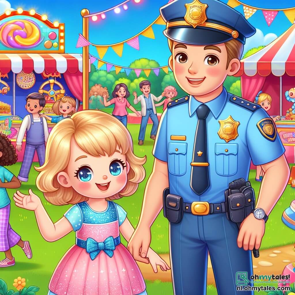 Une illustration sous forme de dessin destinée aux enfants représentant un festival coloré dans un parc ensoleillé, avec un jeune homme policier au sourire chaleureux, portant un uniforme bleu et un badge brillant, qui aide une petite fille blonde aux yeux pétillants, vêtue d'une robe rose, à retrouver sa maman perdue parmi les stands de jeux et de friandises, tandis que des familles joyeuses dansent et s'amusent en arrière-plan, créant une atmosphère de camaraderie et de bonheur.