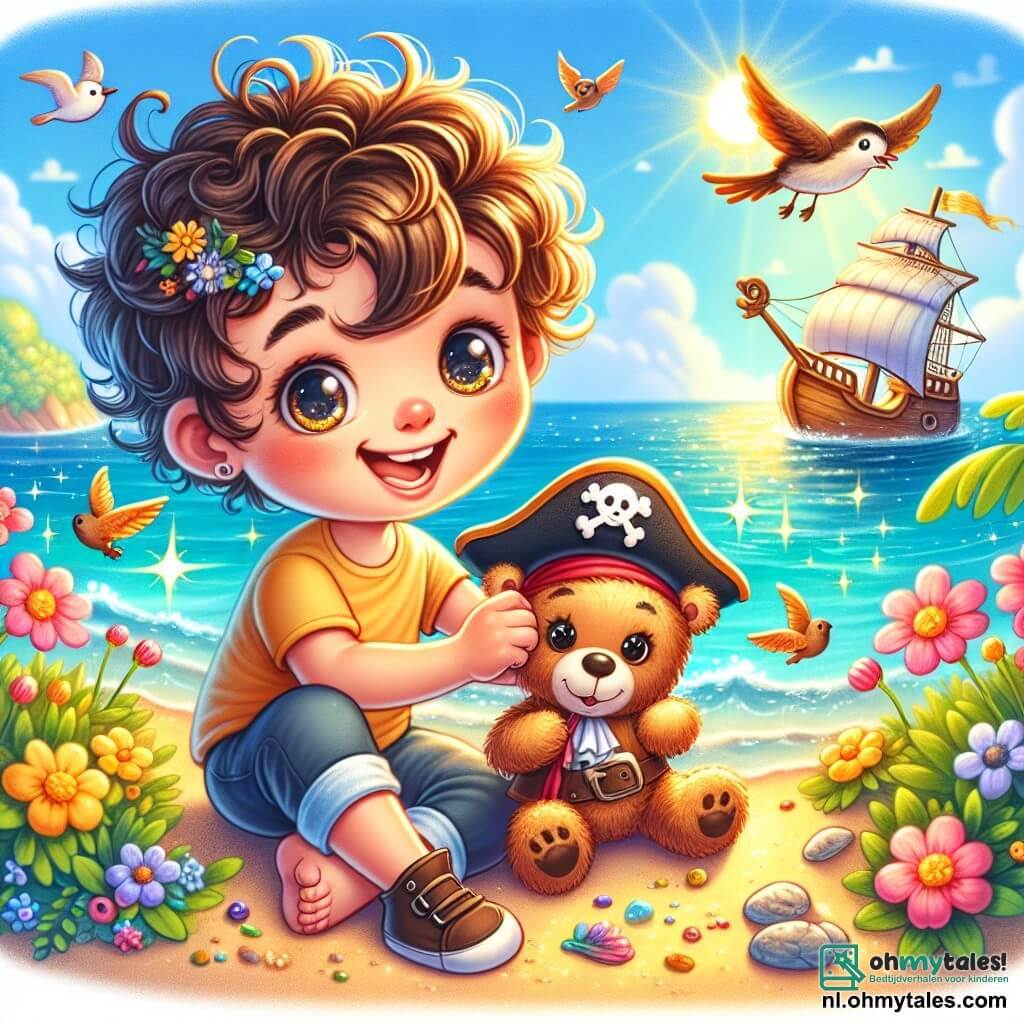 Une illustration sous forme de dessin destinée aux enfants représentant un petit garçon de 2 ans aux cheveux bouclés et aux yeux pétillants, souriant avec enthousiasme tout en tenant sa douce teddy bear, Benny, qui porte un petit chapeau de pirate, sur une plage ensoleillée avec des fleurs colorées et des oiseaux chantants, alors qu'ils viennent d'atterrir sur un îlot magique après avoir navigué dans un vaisseau volant, prêts à explorer leur nouvel environnement rempli de merveilles et d'aventures.