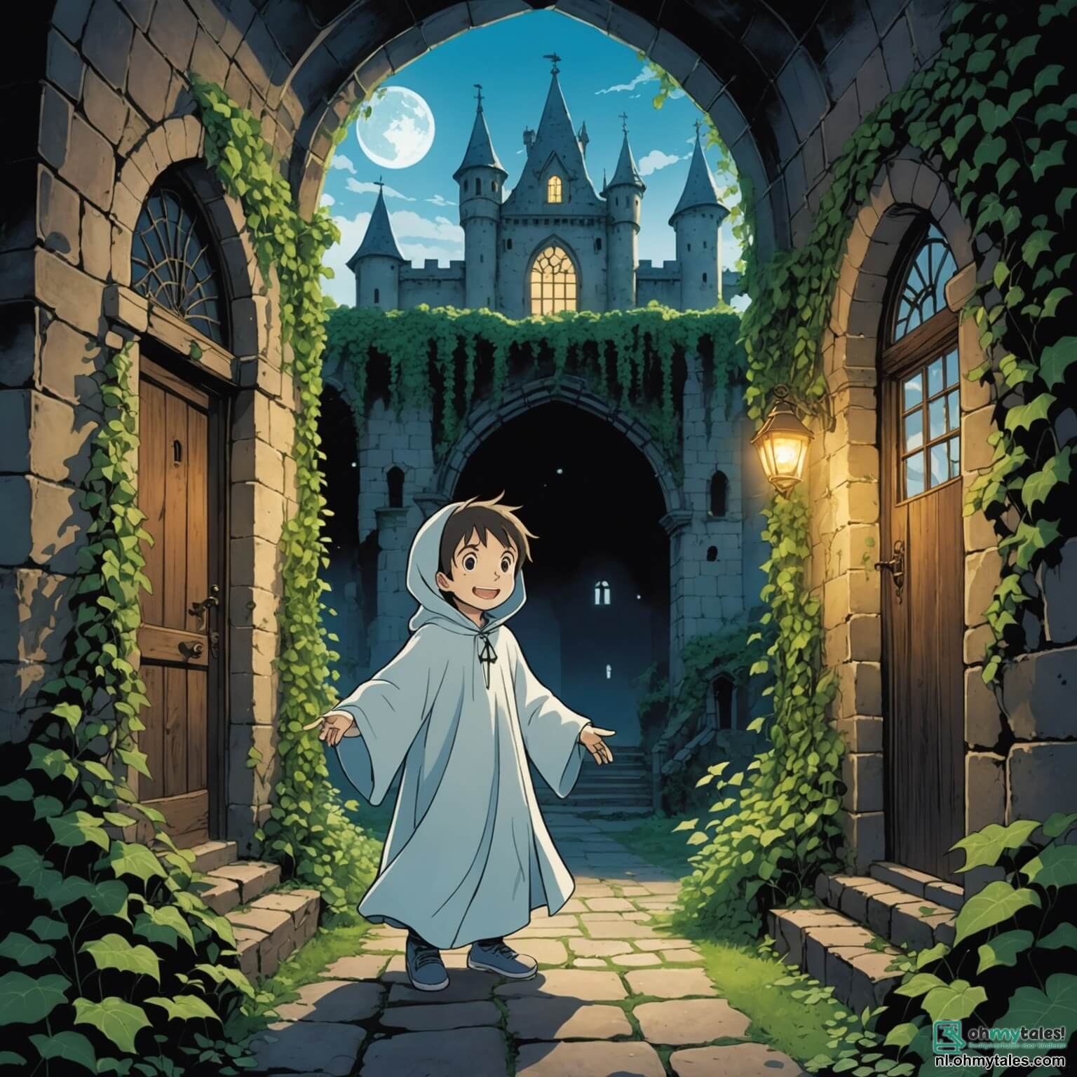 Une illustration destinée aux enfants représentant un fantôme espiègle, avec une silhouette translucide et des yeux pétillants de malice, flottant joyeusement dans un vieux château en ruines, dont les murs en pierre sont recouverts de lierre verdoyant et où des toiles d'araignées dansent dans les coins sombres, tandis qu'un jeune garçon curieux, aux cheveux ébouriffés et au sourire éclatant, explore les couloirs poussiéreux, accompagné de son amie, une petite fille courageuse aux tresses dorées, qui tient une lampe vacillante illuminant les portraits de nobles aux regards mystérieux, alors qu'ils cherchent ensemble à percer le secret d'un trésor caché depuis longtemps dans ce lieu empreint de magie et de mystère.
