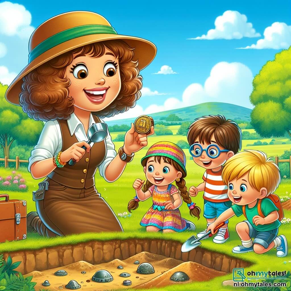 Une illustration sous forme de dessin destinée aux enfants représentant un parc verdoyant sous un ciel bleu, avec une femme archéologue aux cheveux bruns et bouclés, portant un grand chapeau et une chemise à manches courtes, qui montre avec enthousiasme une vieille pièce de monnaie brillante à trois enfants : un garçon aux lunettes et un t-shirt rayé, une fille aux cheveux tressés et une robe colorée, et un garçon aux cheveux blonds en short, tous les trois en train de creuser dans le sol avec des petites pelles, entourés de fouilles archéologiques et de découvertes fascinantes, illustrant l'excitation de la recherche de trésors cachés.