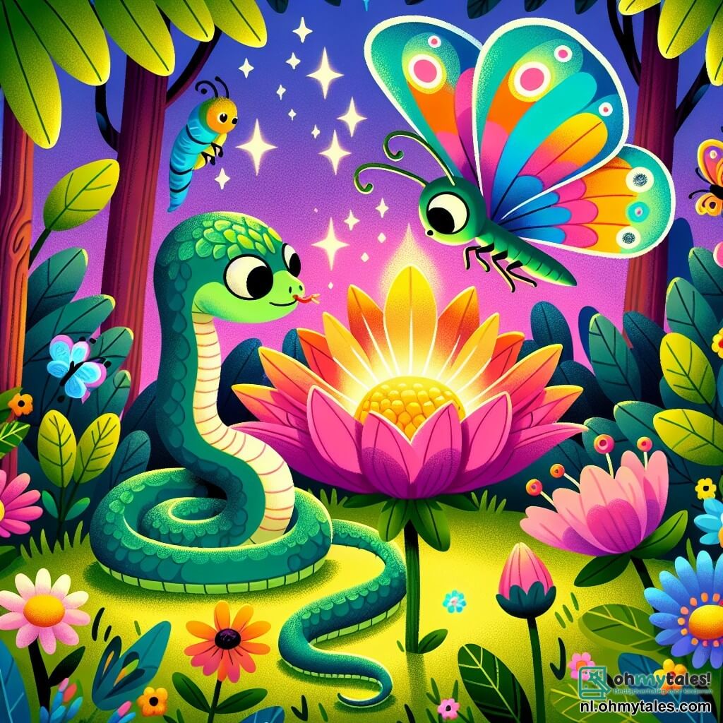 Une illustration sous forme de dessin destinée aux enfants représentant une scène magique dans une forêt colorée, où un petit serpent vert aux écailles brillantes et aux yeux curieux se faufile joyeusement entre les fleurs, tandis qu'une jolie papillon aux ailes multicolores danse autour de lui, tous deux émerveillés par la beauté d'une grande fleur éclatante qui les entoure, symbolisant l'amitié et la découverte.