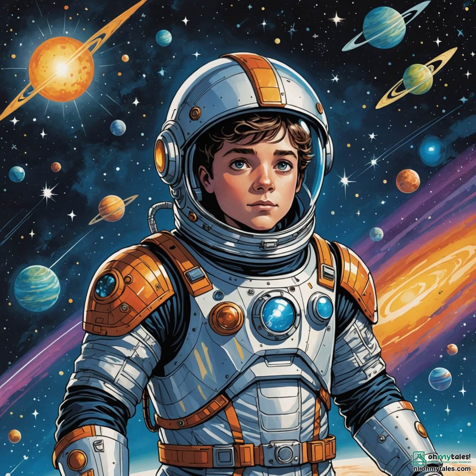 Une illustration destinée aux enfants représentant un homme intrépide aux yeux pétillants de curiosité, vêtu d'une combinaison spatiale étincelante, naviguant à bord de son vaisseau futuriste, la Stella Nova, à travers un ciel étoilé parsemé de planètes aux couleurs éclatantes, où il se retrouve face à une situation palpitante consistant à sauver une planète mystérieuse, Zorath, d'une météorite menaçante, accompagné de sa fidèle amie et brillante navigatrice, une femme au sourire chaleureux et à l'esprit vif, ainsi que d'un adorable petit être extraterrestre, aux yeux brillants et à la fourrure chatoyante, qui les guide à travers des paysages enchanteurs de montagnes bleues et de forêts de plantes luminescentes, où chaque élément semble danser sous la lumière des étoiles.