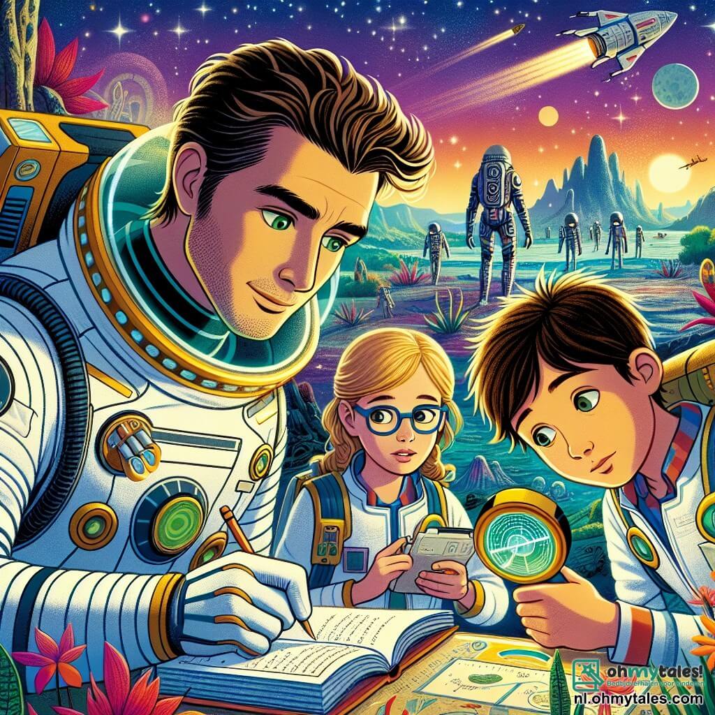 Une illustration sous forme de dessin destinée aux enfants représentant une scène vibrante sur la planète Zeta-7, où un homme aux cheveux brun foncé et aux yeux verts, vêtu d'une combinaison spatiale brillante, examine des ruines anciennes avec un air d'émerveillement, tandis qu'une fille aux cheveux blonds et aux lunettes, concentrée, prend des notes sur un carnet, et un garçon aux cheveux châtains et à la peau claire, tenant un appareil de mesure, scrute les alentours, tous trois découvrant ensemble les mystères d'une civilisation extraterrestre perdue, entourés de paysages colorés et de plantes étranges sous un ciel étoilé.