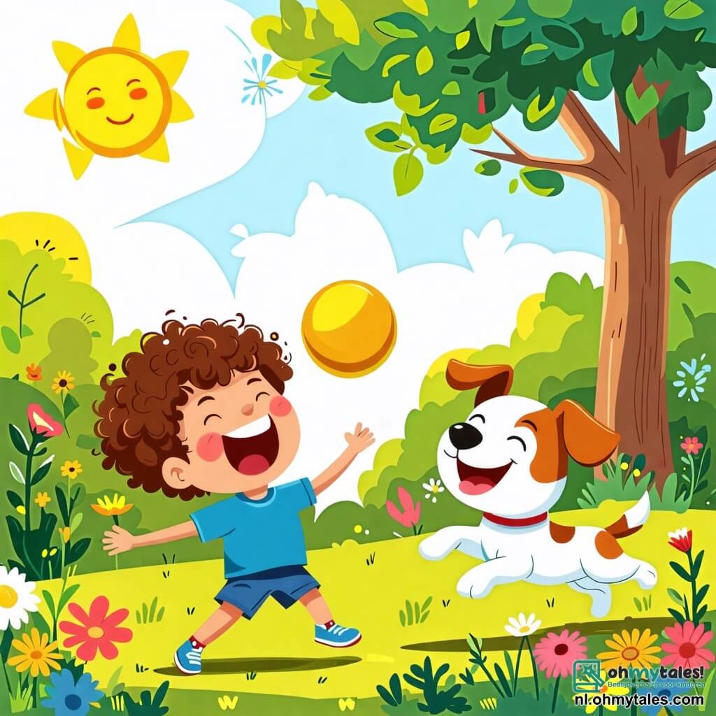 Une illustration sous forme de dessin destinée aux enfants représentant un jardin ensoleillé avec des fleurs colorées et un grand arbre, où un garçon de 2 ans aux cheveux bouclés et aux yeux pétillants rit en lançant une grande balle jaune, tandis qu'un petit chien aux poils marron et blanc, avec une queue qui remue joyeusement, court après la balle, capturant l'instant amusant de leur jeu insouciant et de leur amitié.