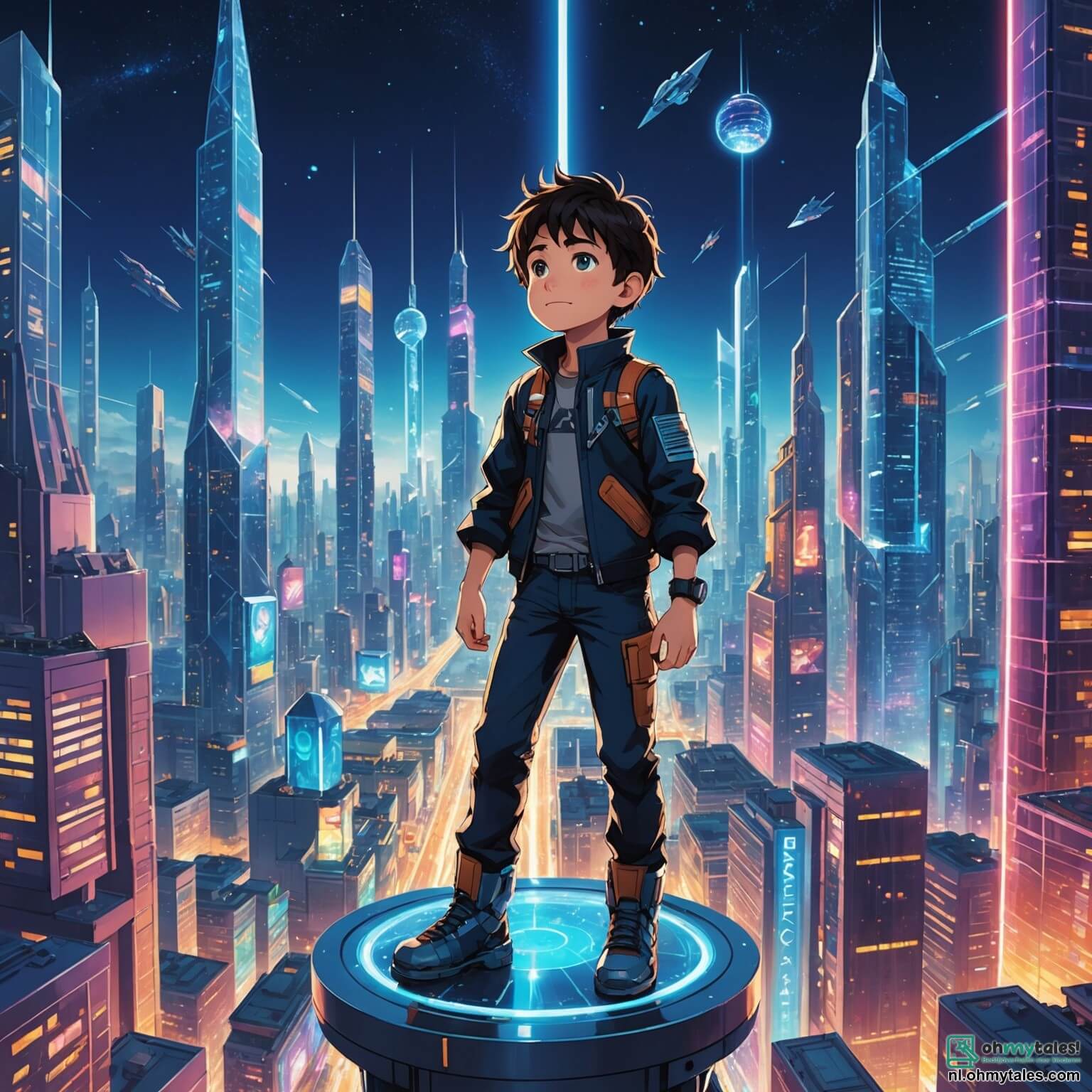 Une illustration destinée aux enfants représentant un garçon intrépide aux yeux pétillants d'enthousiasme, se tenant au sommet d'une tour scintillante de la ville futuriste de Luminosia, où des bâtiments en verre et en acier s'élèvent comme des flèches vers un ciel étoilé, entouré de néons colorés et de véhicules volants, tandis qu'il rêve de découvrir les merveilles de la Technologiedays, accompagné de son fidèle ami robot aux yeux bleus lumineux, et d'un groupe d'enfants, dont une fille à la chevelure flamboyante, qui se rassemblent autour de lui pour partager des rires et des idées brillantes dans cette métropole vibrante où chaque coin semble receler une nouvelle aventure.