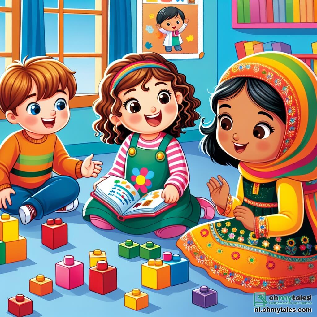 Une illustration sous forme de dessin destinée aux enfants représentant une salle de classe colorée et lumineuse, où une petite fille de 3 ans aux cheveux bouclés et à la peau claire, souriante, joue avec des blocs de construction, entourée de deux amis : un garçon aux cheveux bruns et à la peau claire, qui l'observe avec admiration, et une petite fille aux cheveux noirs et à la peau mate, qui écoute attentivement une histoire racontée par une nouvelle camarade, une petite fille portant une jolie robe colorée et un foulard sur la tête, symbolisant l'amitié et la tolérance entre enfants de cultures différentes.
