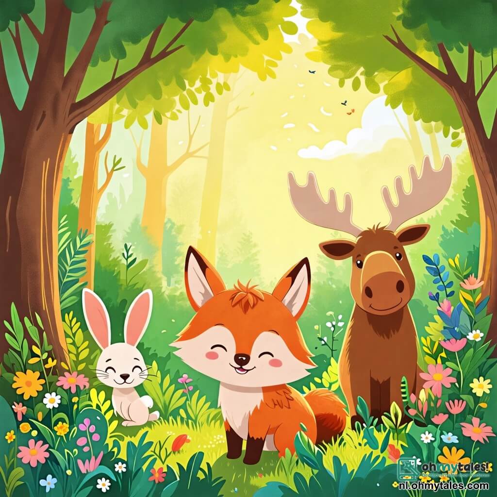 Une illustration sous forme de dessin destinée aux enfants représentant une scène ensoleillée dans une forêt verdoyante, où un loup au pelage doux et brun clair, avec un sourire amical, joue joyeusement à cache-cache avec un petit lapin aux grandes oreilles blanches et un élan piquant, tandis qu'ils se cachent derrière des arbres colorés et des buissons fleuris, illustrant l'amitié inattendue entre ces animaux.