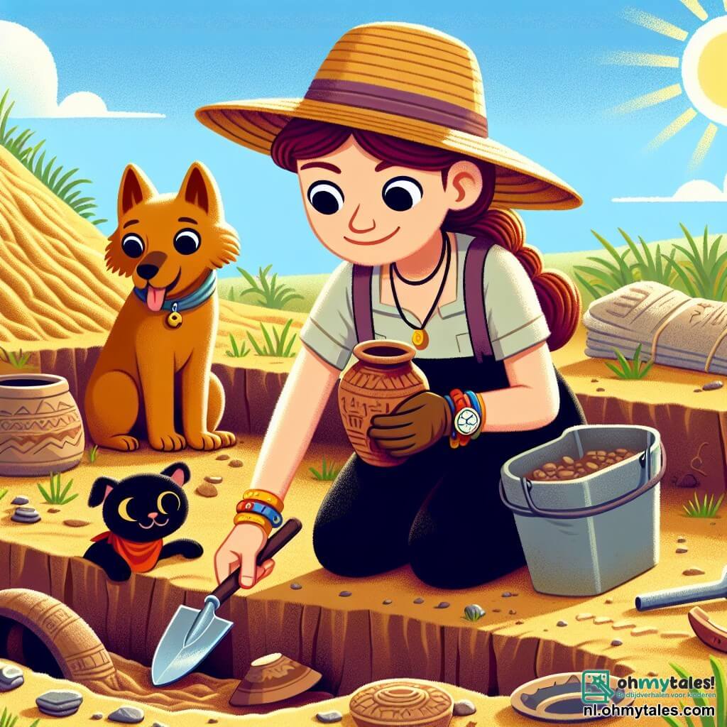 Une illustration sous forme de dessin destinée aux enfants représentant un site archéologique ensoleillé en Chine, avec des dunes de terre et des vestiges de poteries anciennes, où une femme archéologue aux cheveux châtains, portant un chapeau de paille et une chemise à manches courtes, utilise une petite pelle pour déterrer une ancienne poterie, tandis qu'un petit chat noir aux yeux brillants et un chien marron aux oreilles tombantes l'observent avec curiosité, tous trois plongés dans l'excitation de la découverte d'une précieuse antiquité.