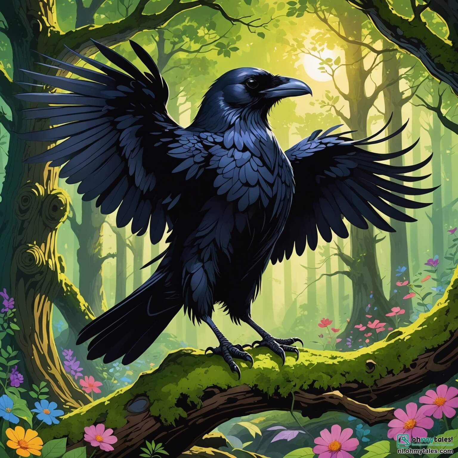 Une illustration destinée aux enfants représentant un majestueux corbeau aux plumes d'un noir éclatant, perché avec audace sur une branche d'un vieux chêne aux feuilles verdoyantes, dans un forêt enchantée où les rayons du soleil filtrent à travers le feuillage, créant des motifs dansants sur le sol tapissé de mousse et de fleurs colorées, alors qu'il se prépare à explorer une mystérieuse grotte aux parois scintillantes et ombragées, où il rencontrera une sage chouette aux yeux brillants, une timide écureuil au pelage doux et une rusée petite souris, tous unis par le désir de percer le secret des ombres qui hantent les profondeurs de cet endroit fascinant.