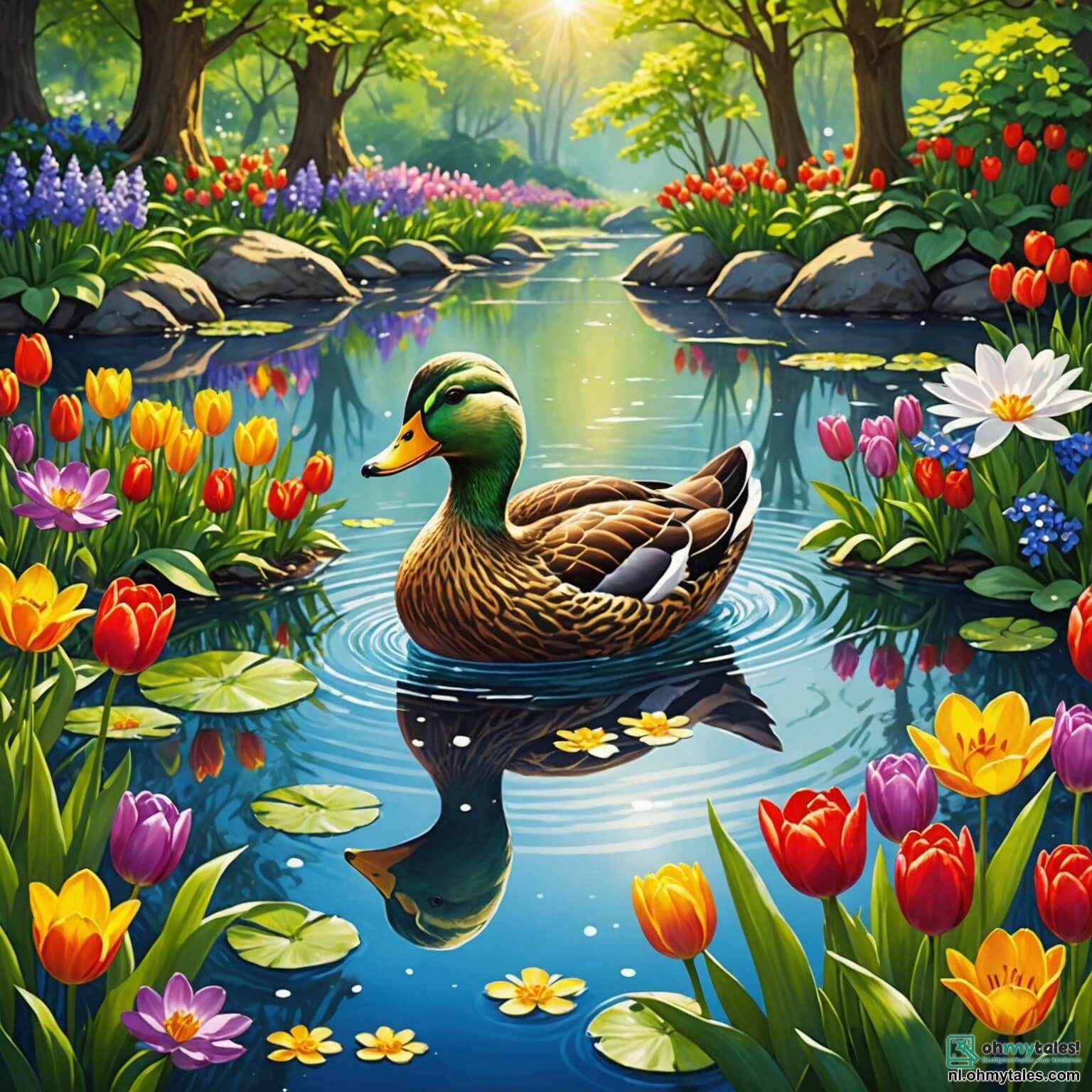 Une illustration destinée aux enfants représentant un canard aux plumes dorées scintillantes comme des rayons de soleil, nageant joyeusement dans un miroir d'eau cristalline entouré de fleurs éclatantes aux couleurs vives, telles que des tulipes rouges et des violettes parfumées, tandis qu'il se prépare à vivre une aventure palpitante avec son ami le lapin au pelage neigeux, dans une magnifique jardin secret où les arbres majestueux se balancent doucement au gré du vent, créant une atmosphère magique et accueillante.