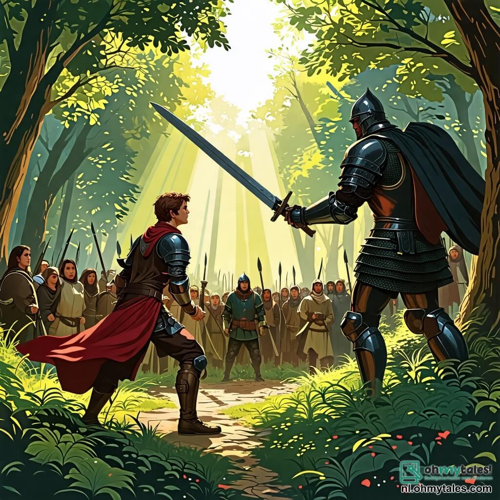 Une illustration sous forme de dessin destinée aux enfants représentant une clairière ensoleillée au cœur d'une forêt verdoyante, où un chevalier courageux, un jeune homme aux cheveux bruns et à l'armure scintillante, brandit son épée avec détermination face à un tyran imposant, un homme grand et musclé en armure noire, qui menace un groupe de villageois effrayés, des hommes et des femmes aux visages inquiets, tandis que des rayons de lumière filtrent à travers les arbres, symbolisant l'espoir et la bravoure dans ce moment de confrontation épique.