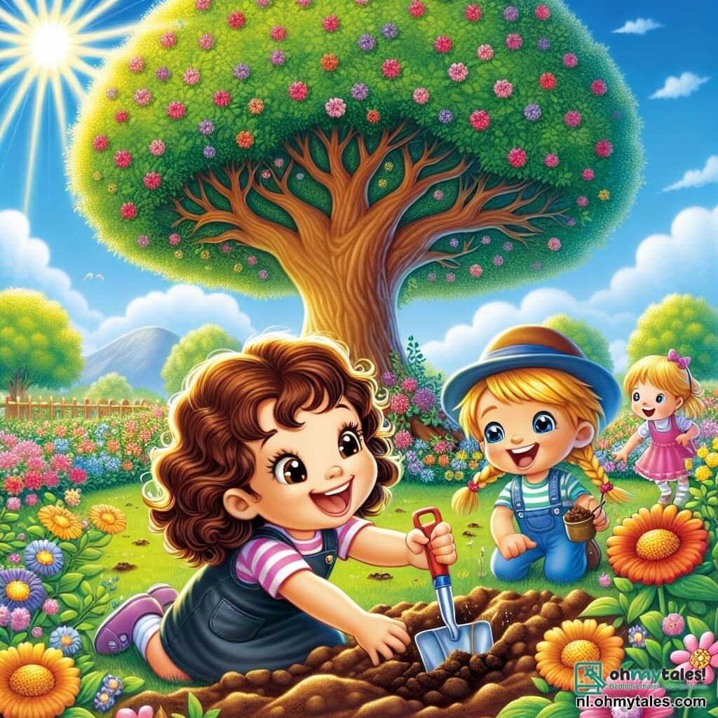 Une illustration sous forme de dessin destinée aux enfants représentant un jardin ensoleillé avec une grande et majestueuse arbre au centre, où une petite fille de 3 ans aux cheveux bruns et bouclés, souriante et pleine d'énergie, creuse le sol avec ses amis, un garçon aux yeux pétillants portant une casquette bleue et une fille aux cheveux blonds tressés, tous trois cherchant une mystérieuse "trésor" tout en discutant joyeusement de l'importance de l'honnêteté et de l'amitié, entourés de fleurs colorées et d'un ciel bleu éclatant.