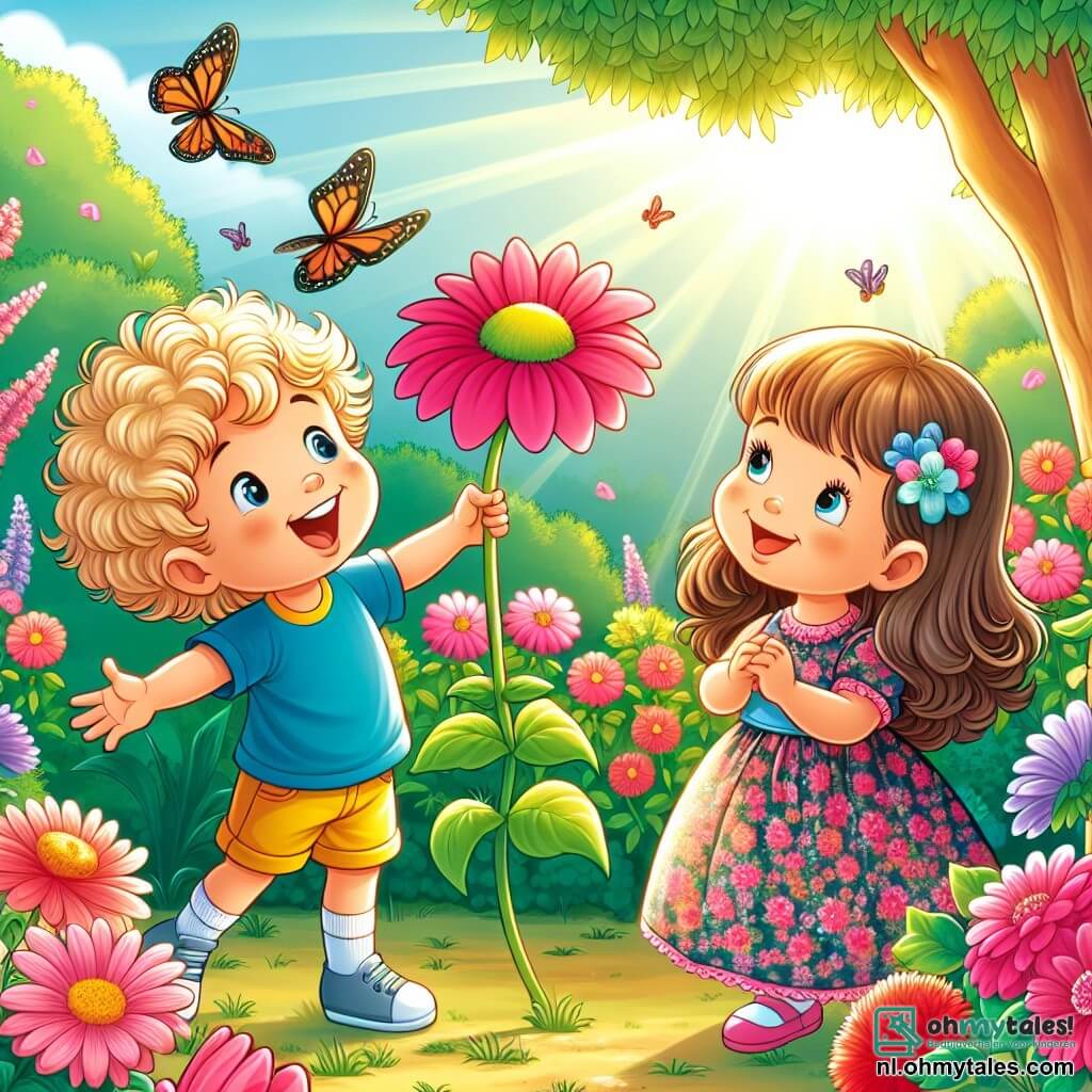 Une illustration sous forme de dessin destinée aux enfants représentant un jardin ensoleillé rempli de fleurs colorées, où un garçon de 4 ans aux cheveux blonds et bouclés, portant un t-shirt bleu et un short jaune, joue joyeusement avec une grande fleur rose, tandis qu'une petite fille de 4 ans aux cheveux bruns et lisses, vêtue d'une robe à fleurs, l'observe en souriant, tous deux entourés de papillons virevoltant dans l'air, illustrant un moment de bonheur et d'amitié malgré la maladie.