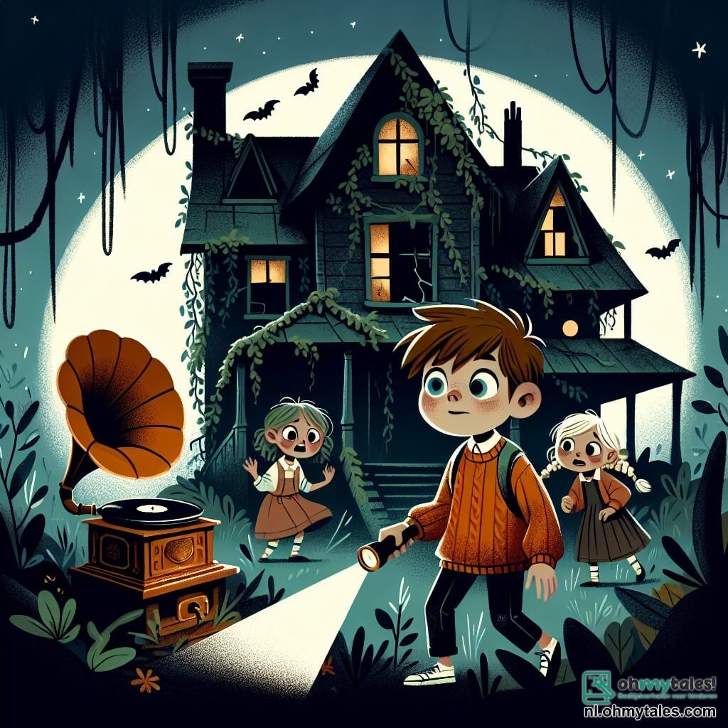 Une illustration sous forme de dessin destinée aux enfants représentant un vieux et mystérieux spookhuis, aux murs couverts de lierre et aux fenêtres brisées, avec un garçon de 11 ans aux cheveux bruns en bataille, portant une lampe de poche et un pull orange, qui explore courageusement l'intérieur sombre et poussiéreux, tandis que deux filles, l'une avec des tresses blondes et l'autre aux cheveux noirs, se tiennent derrière lui, les yeux écarquillés de curiosité et d'appréhension, alors qu'ils découvrent un ancien gramophone qui joue une mélodie mélancolique, créant une atmosphère à la fois intrigante et légèrement effrayante.