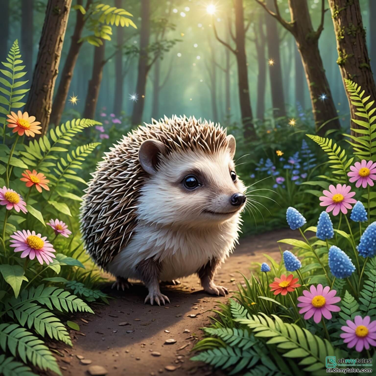Une illustration destinée aux enfants représentant un petit hérisson aux piquants scintillants comme des étoiles sous le doux soleil du matin, se tenant courageusement au bord d'un sentier sinueux bordé de fleurs colorées et de fougères verdoyantes, prêt à partir à l'aventure dans la forêt enchantée où l'attendent ses amis, une sage chouette aux yeux pétillants, un joyeux lapin aux grandes oreilles frémissantes et un fidèle chien à la queue remuante, tous unis par le désir de retrouver des baies disparues pour organiser un grand festin au pied d'un majestueux chêne dont les branches s'étendent comme des bras accueillants vers le ciel azur.