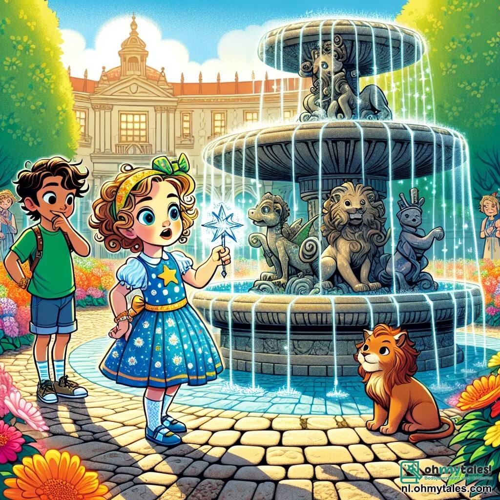 Illustratie die een magische scène op een groot stadsplein weergeeft. De grond is geplaveid met oude tegels, omringd door prachtige kleurrijke bloemen die beginnen te bloeien na een periode van verdriet. In het midden staat een grote stenen fontein, versierd met sculpturen van fantastische dieren, die sprankelend water spuit onder de stralende zon. Op de voorgrond staat een klein meisje van 5 jaar, met grote nieuwsgierige ogen en krullend haar, in een blauwe jurk met witte stippen en een gele haarband. Ze staat zelfverzekerd met een stralende ster in haar hand, terwijl ze verwonderd kijkt naar een schaduw die voor haar verandert. Naast haar staat een jongen van ongeveer 7 jaar, met kastanjebruin haar en sprankelende ogen, die de scène met een glimlach observeert. Hij draagt een groene t-shirt en een spijkerbroek, en lijkt klaar om plezier te maken. De hoofdscène toont het meisje en de jongen die een grote schaduw, die een triest en melancholisch wezen vertegenwoordigt, overtuigen om de magie van de bloemen vrij te laten. De schaduw, met vage contouren en een aarzelende uitdrukking, begint te glimlachen, terwijl kleurrijke bloemen om hen heen bloeien, wat de terugkeer van vreugde en magie in de stad symboliseert. Zonnestralen filteren door de bomen, wat een warme en betoverende sfeer aan de scène toevoegt.