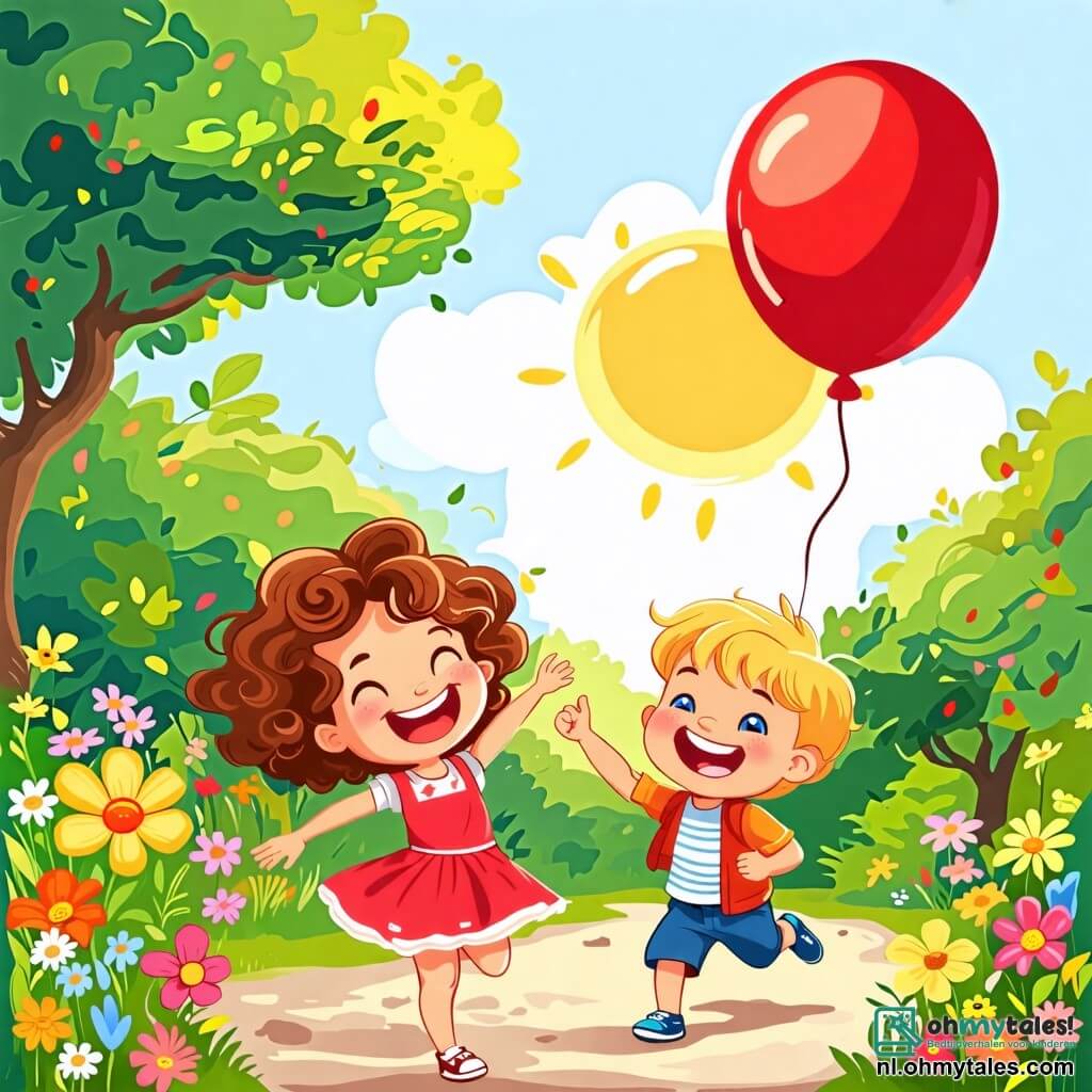 Une illustration sous forme de dessin destinée aux enfants représentant un parc ensoleillé avec des arbres verdoyants et des fleurs colorées, où une petite fille de 2 ans aux cheveux bouclés et aux yeux pétillants, souriante, joue joyeusement avec un ballon rouge, tandis qu'un garçon de son âge, aux cheveux blonds et aux yeux bleus, court à ses côtés en riant, le tout évoquant une atmosphère de bonheur et de camaraderie pendant une belle journée d'été.