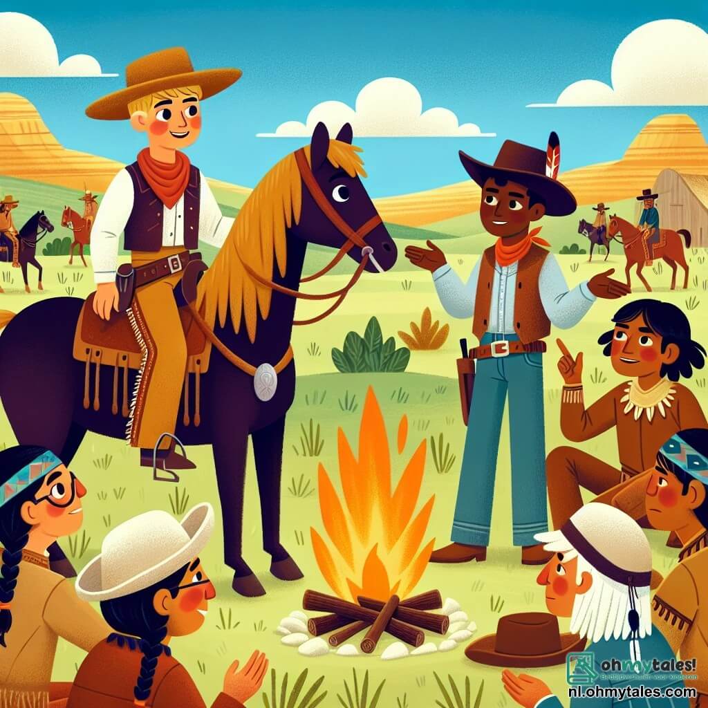 Une illustration sous forme de dessin destinée aux enfants représentant un vaste paysage du Far West avec des collines dorées sous un ciel bleu éclatant, où un jeune cowboy homme au chapeau de paille et aux vêtements en cuir, avec un sourire déterminé, monte fièrement son cheval rapide, tandis qu'à ses côtés, deux garçons, l'un avec des lunettes et l'autre avec un chapeau de cowboy, discutent avec un groupe d'Indiens, tous souriants, autour d'un feu de camp, illustrant leur rencontre amicale pour résoudre un conflit sur les vaches du village.