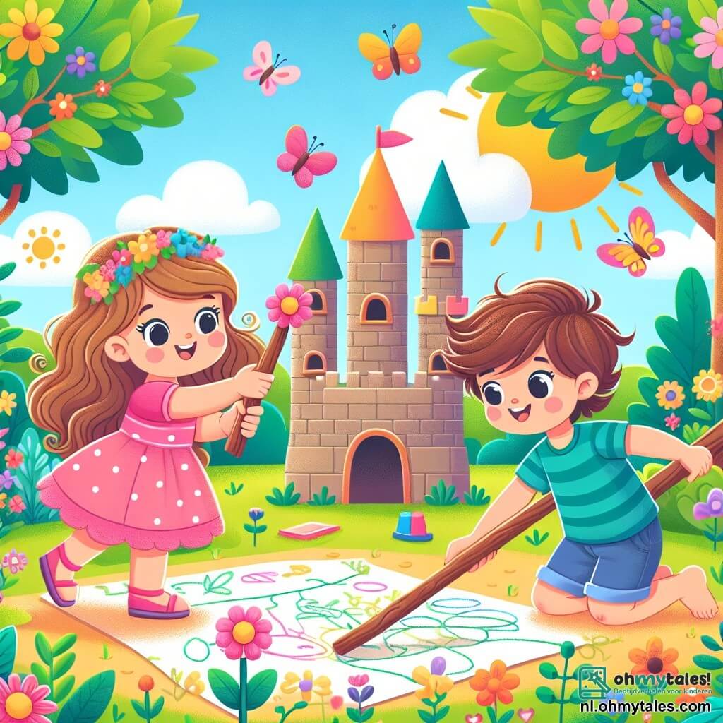 Illustration destinée aux enfants représentant une belle et ensoleillée journée dans un jardin coloré, rempli de fleurs éclatantes et d'arbres verdoyants. Au centre, une petite fille de 4 ans, avec de longs cheveux bouclés et une robe rose à pois, sourit joyeusement en tenant une grande branche pour dessiner sur le sol. À ses côtés, un garçon de 4 ans, avec des cheveux bruns en bataille et un t-shirt bleu, construit une tour en bois avec des branches et des feuilles. Ensemble, ils créent un magnifique château, symbolisant l'amitié et l'égalité des genres, tandis que des papillons colorés volent autour d'eux, ajoutant une touche de magie à cette scène de coopération et de créativité.